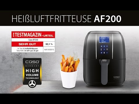 Heißluftfritteuse AF200 mit Pommes und Testergebnis 'Sehr Gut' von Caso.
