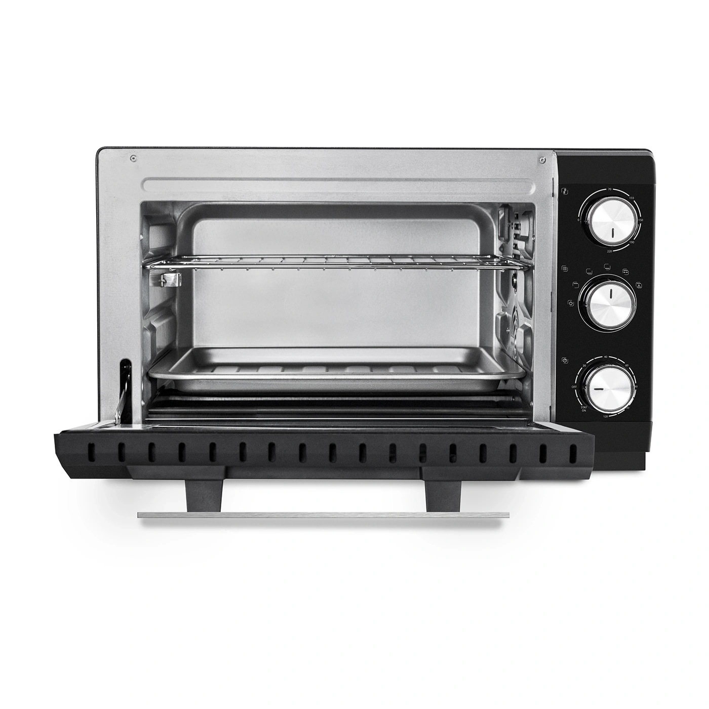 Oven with open door and control knobs on the right side