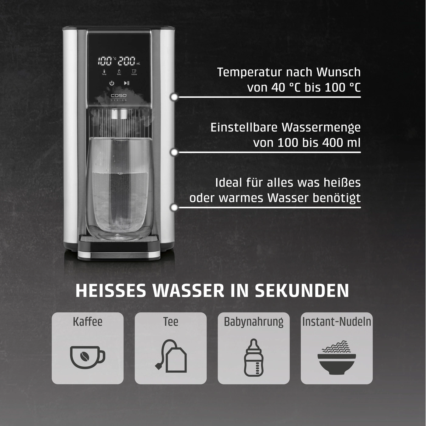 Hot water dispenser with temperature control for coffee, tea, baby food, and instant noodles.