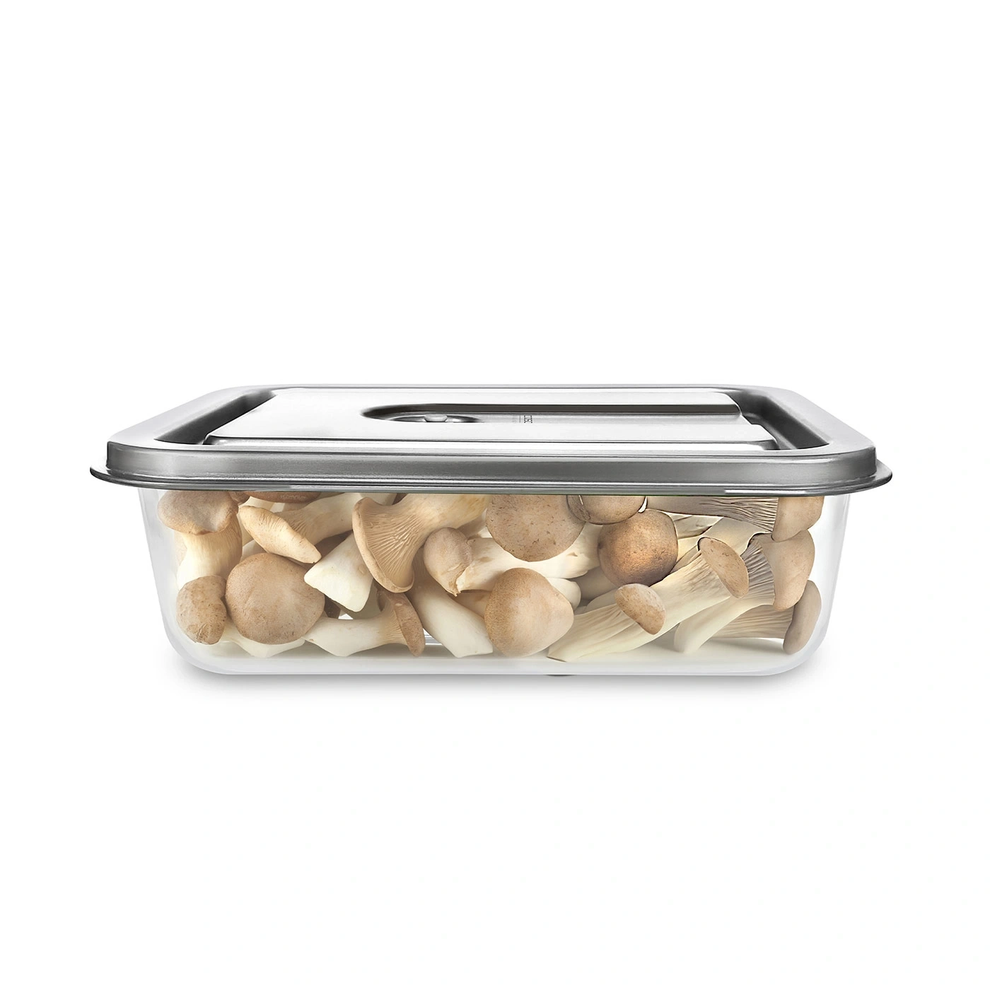 A container of mushrooms stored in a clear container with a metal lid.