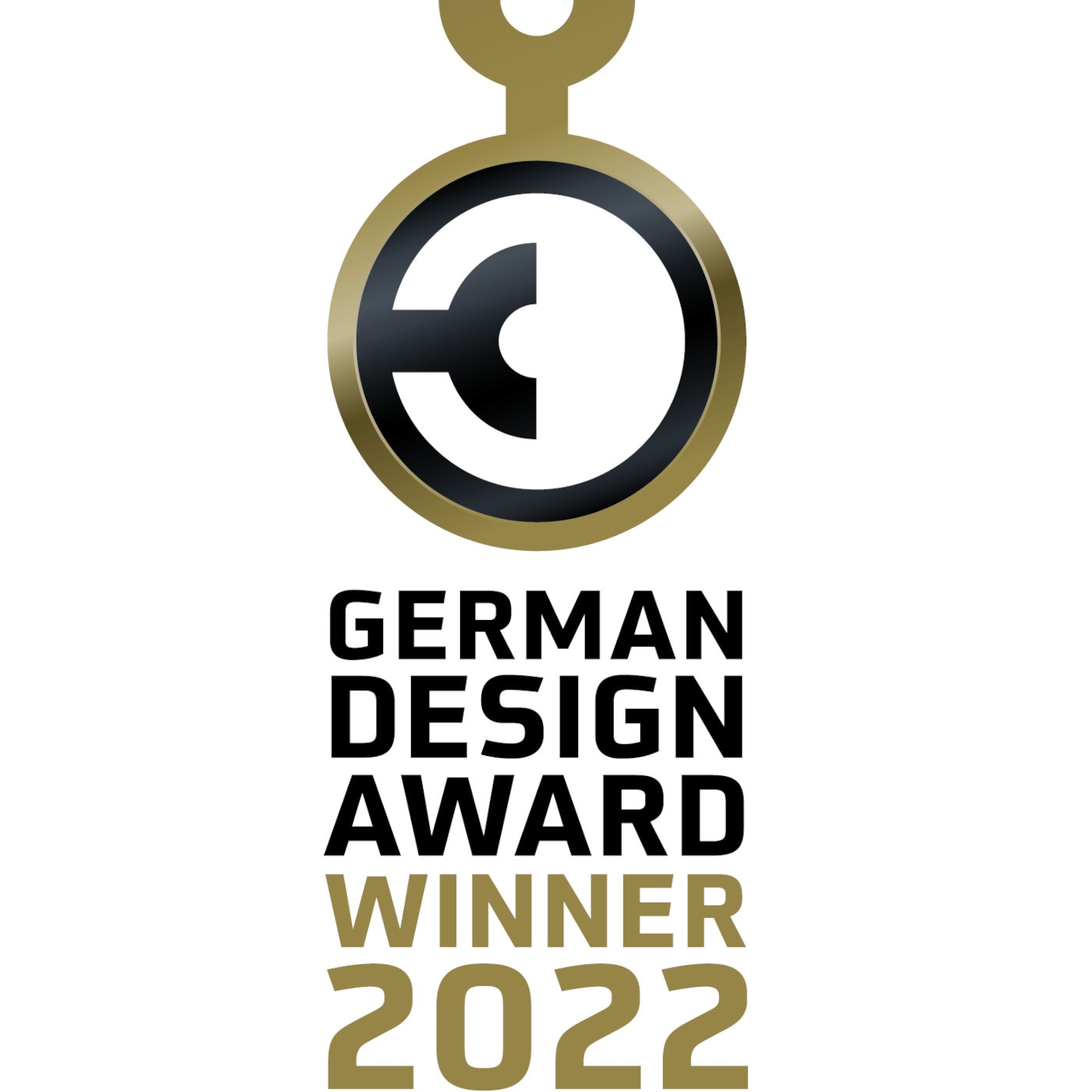 German Design Award Winner 2022 logo, gold medallion, black and gold text