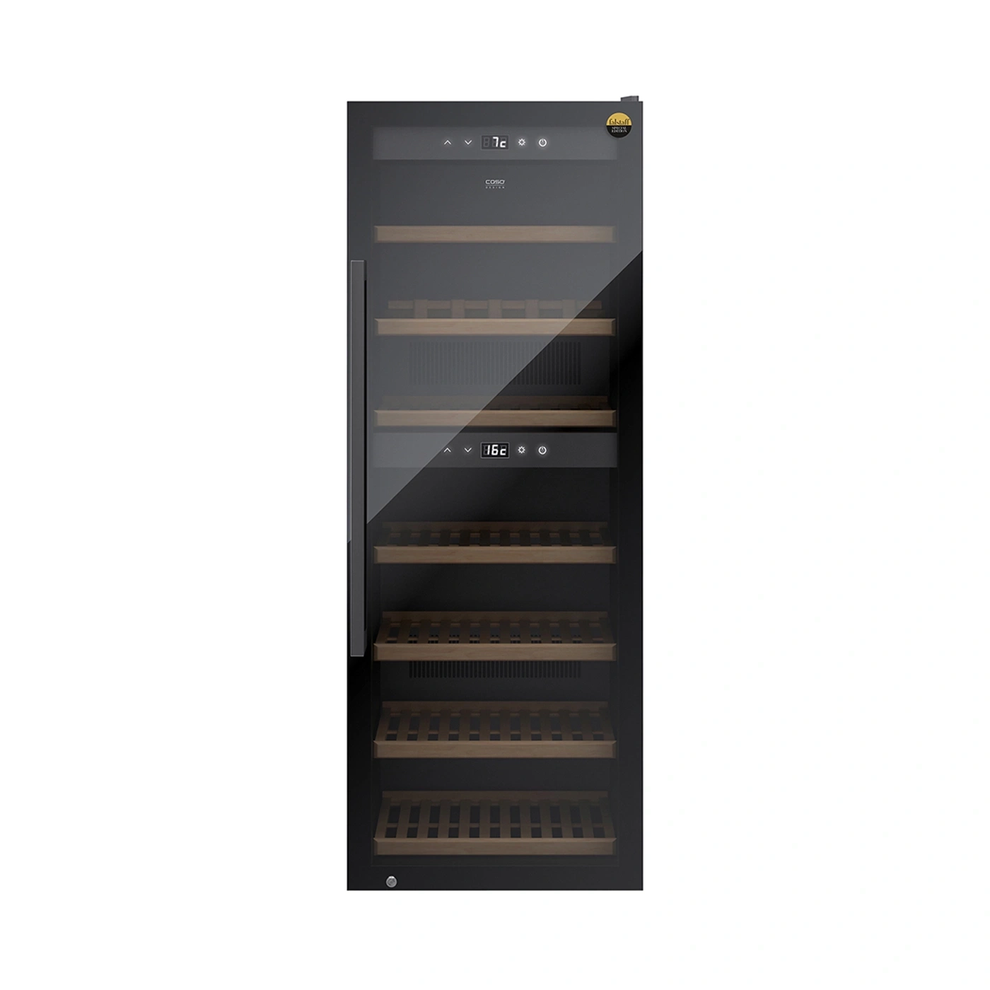 Ein schwarzer Weinkühlschrank mit Glastür und Holzböden.