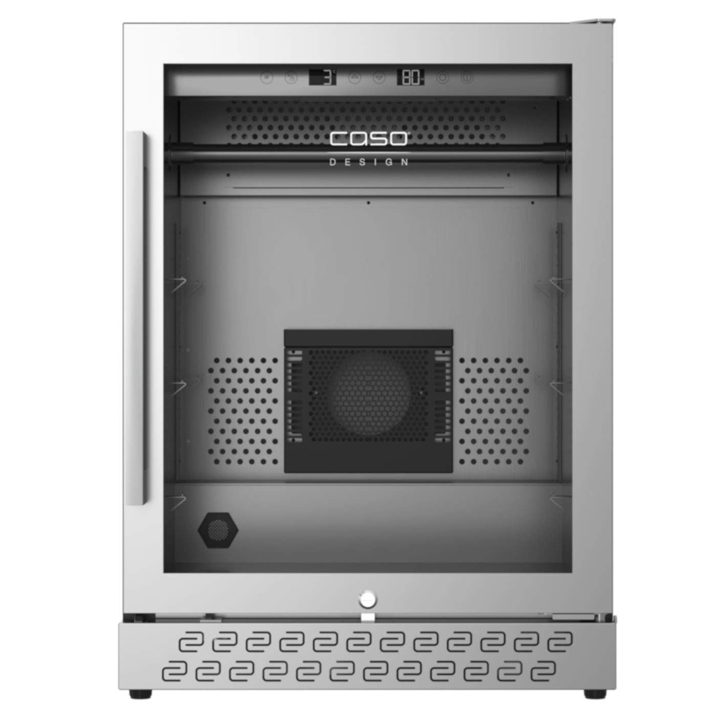 Stainless steel refrigerator with digital display and Caso logo, design refrigerator