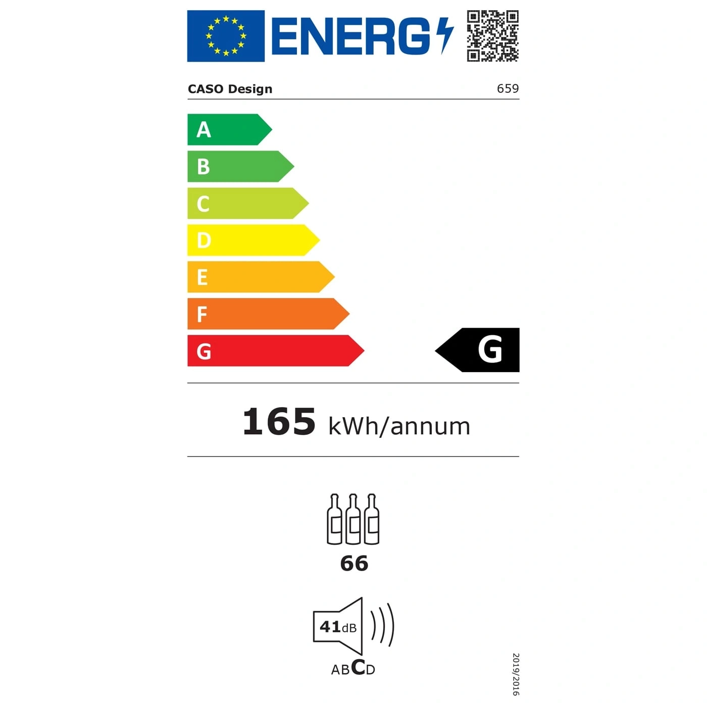 Energieeffizienzlabel für Weinkühlschrank, Klasse G, 165 kWh/annum, 66 Flaschen, 41dB