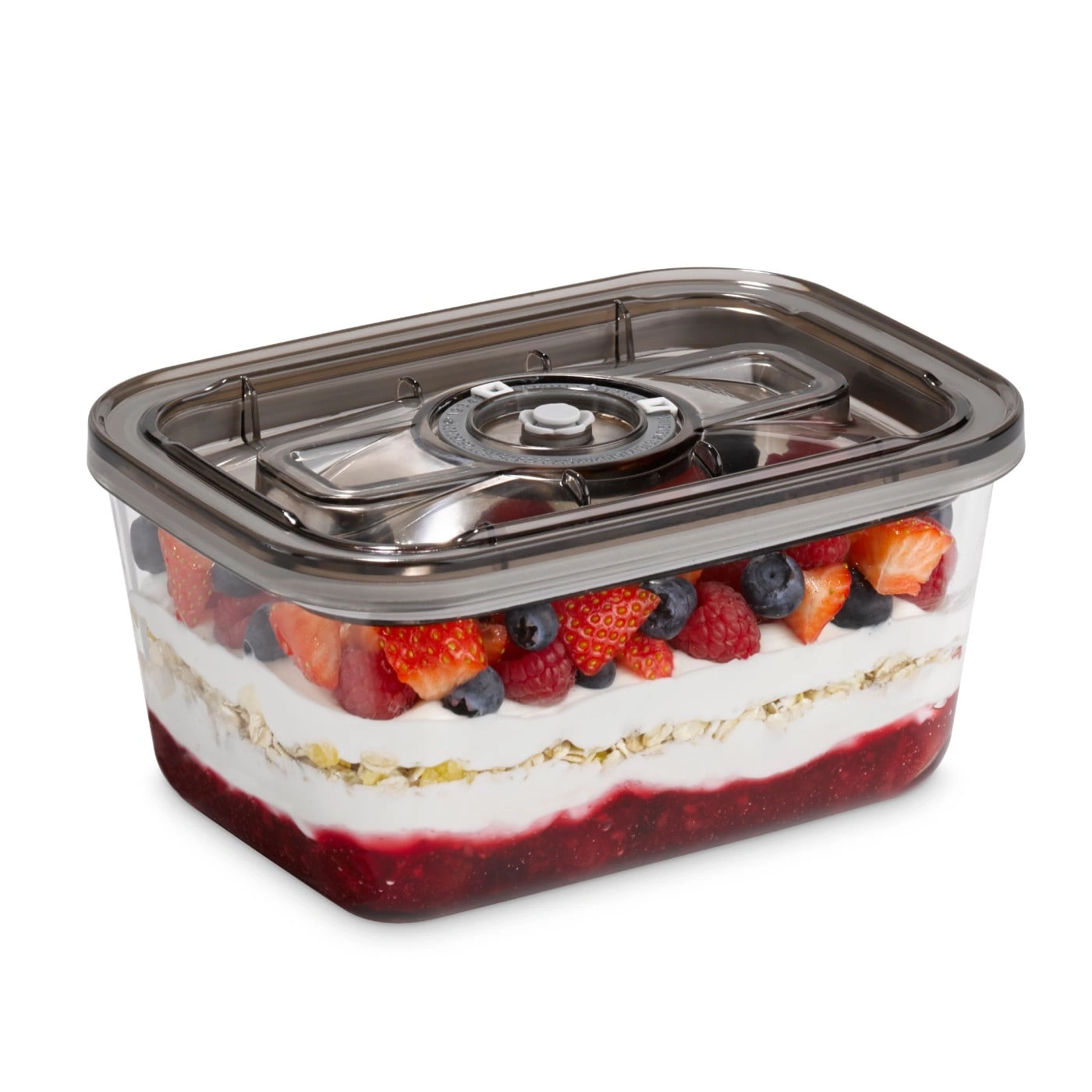 Behälter mit Beeren, Joghurt und Haferflocken, lecker und frisch