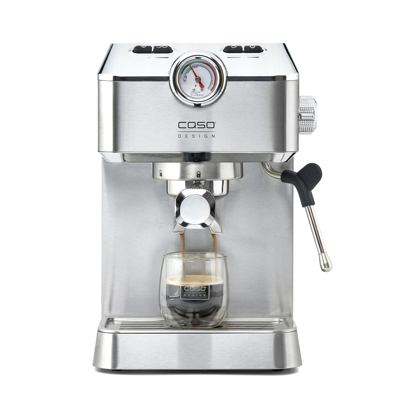 Stainless steel espresso machine with glass and logo, coffee preparation