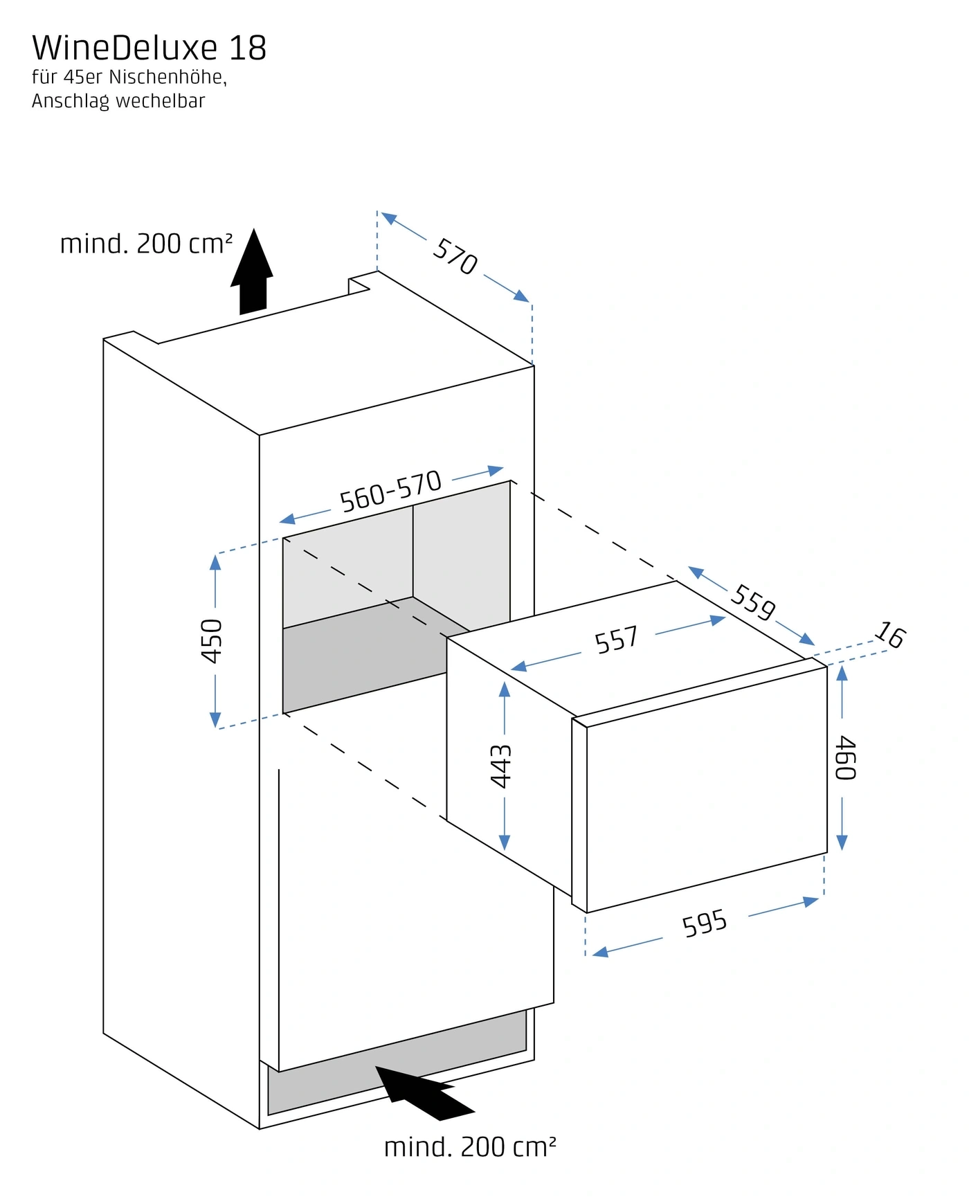 WineDeluxe 18, dimensions en cm, hauteur de niche 45, butée réversible, surface minimale 200 cm²