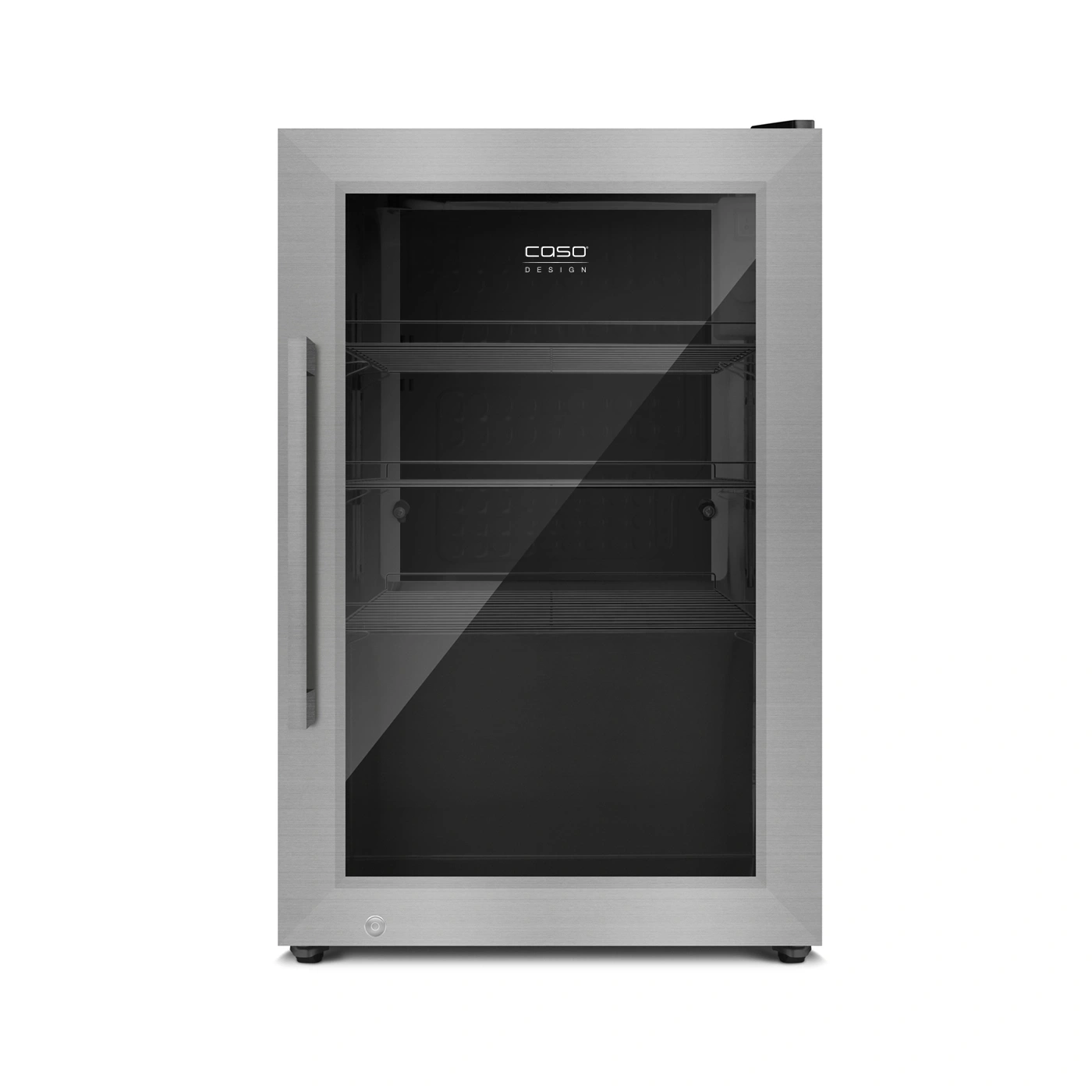 Edelstahl-Weinkühlschrank mit Glastür und Caso-Logo, isoliert auf weißem Hintergrund