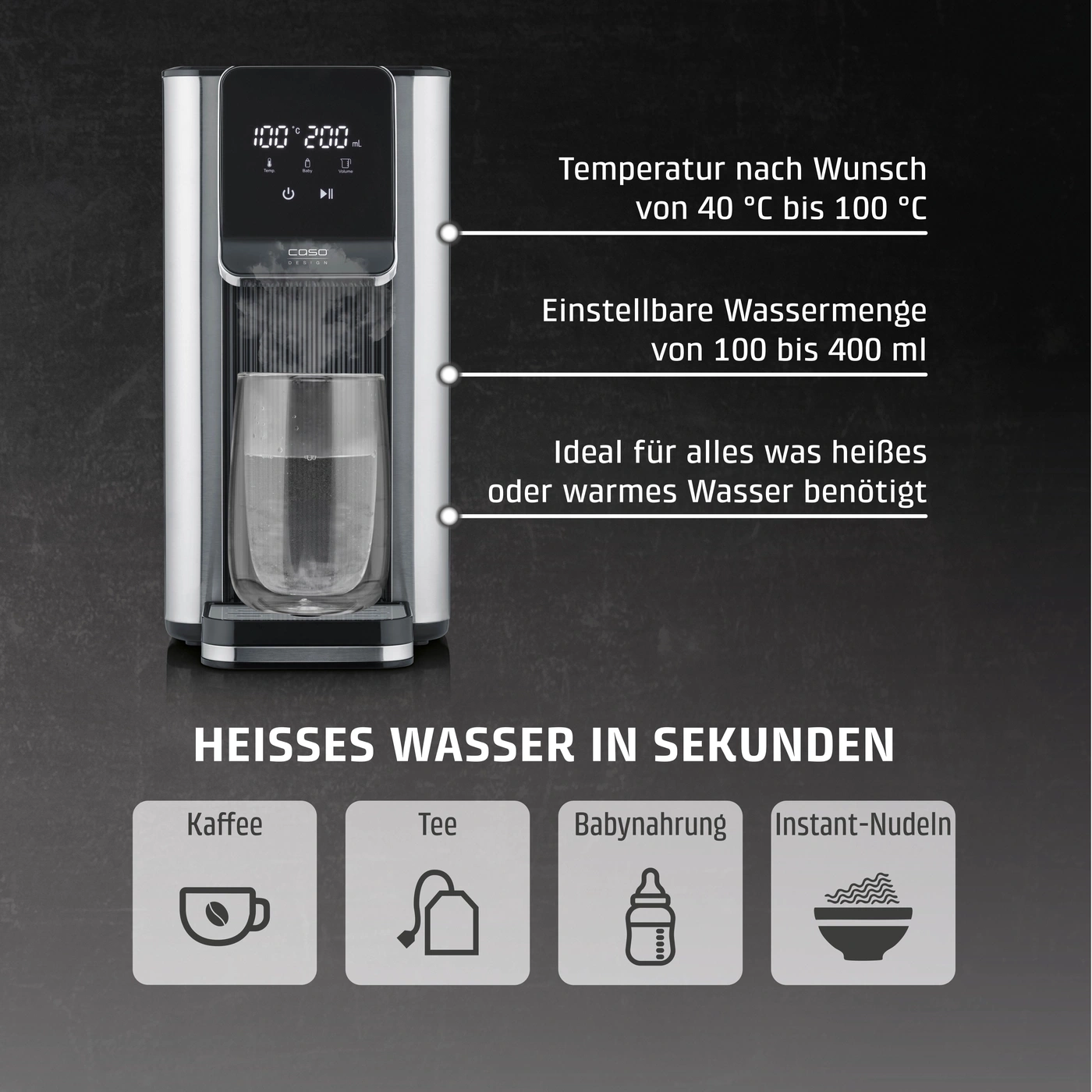 Hot water dispenser with temperature and volume control for coffee, tea, baby food, and instant noodles.