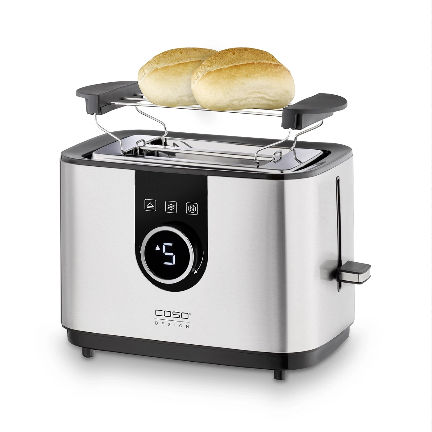 Toaster with buns on top. Stainless steel design, modern appliance for breakfast.
