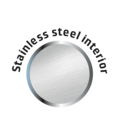 Stainless steel interior, circular, with text, shiny, black background