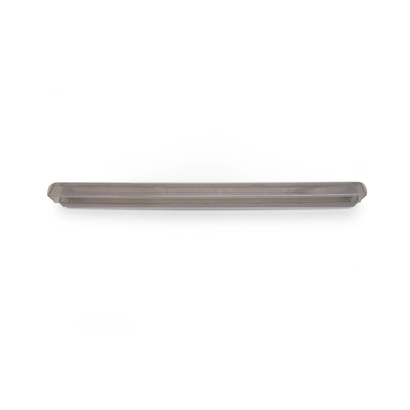 Gray, elongated object on white background, close-up shot, isolated