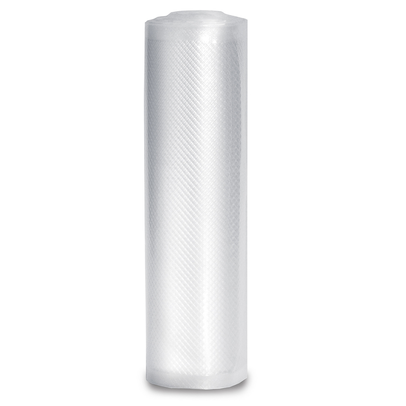 Rolle Vakuumbeutel, transparent, geriffelte Oberfläche, Lebensmittelverpackung, weißer Hintergrund