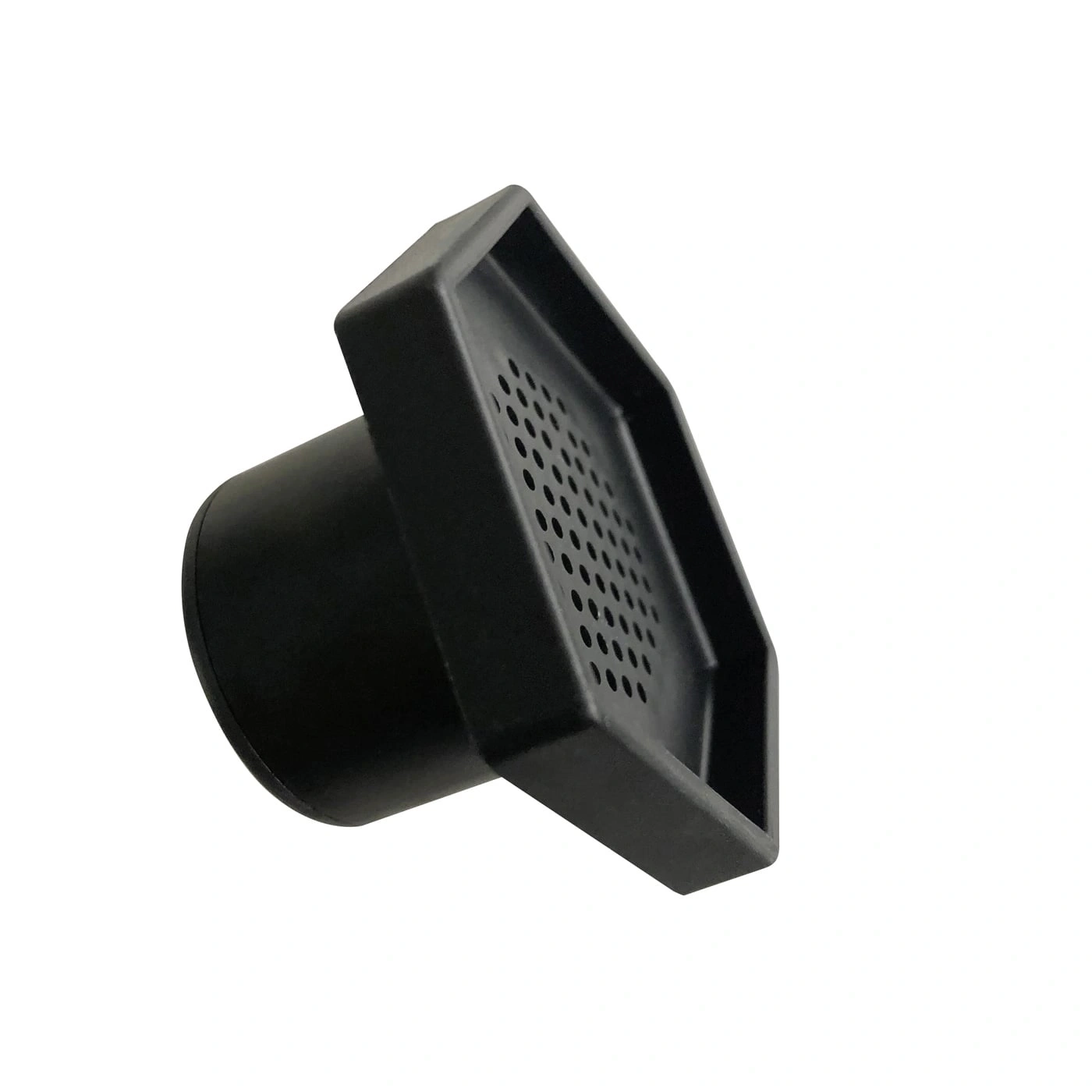 Adaptateur en plastique noir avec fentes de ventilation et connecteur cylindrique.