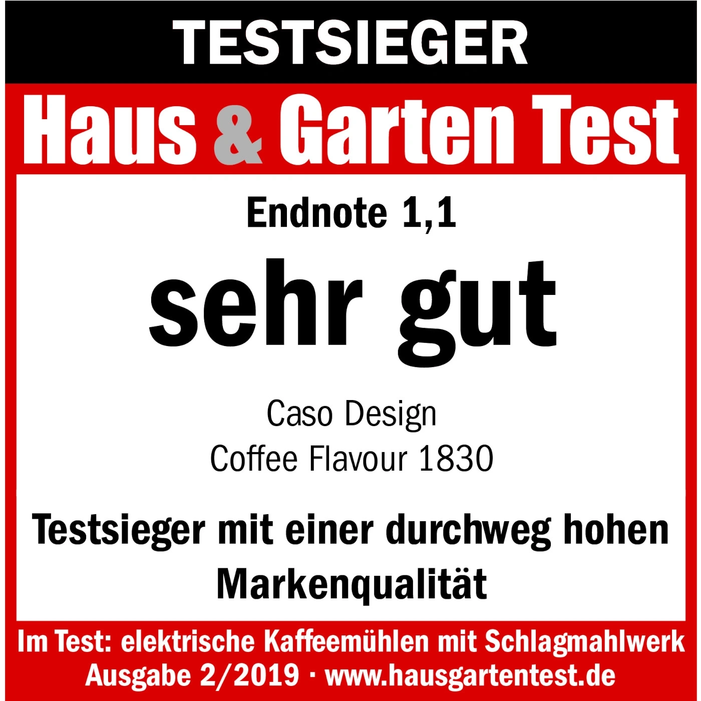 Testsieger Haus & Garten Test, Endnote 1,1, sehr gut, Caso Design Coffee Flavour 1830