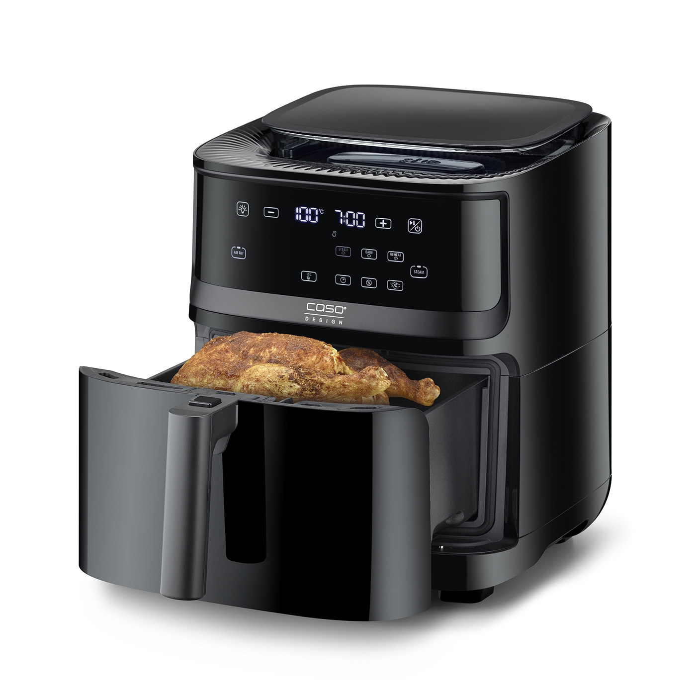 Black air fryer with food, digital display, open drawer, kitchen, cooking, frying, roast