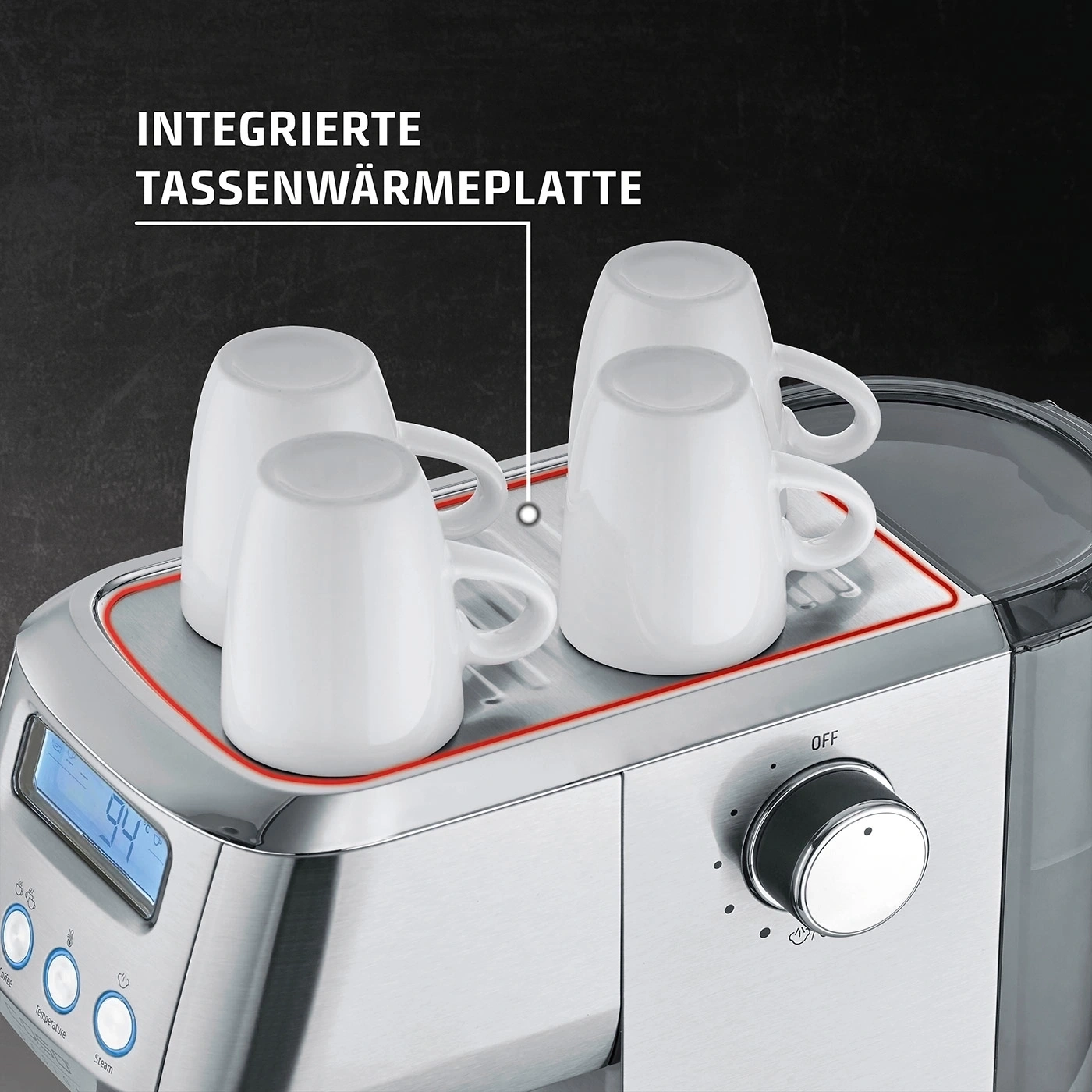 Integrated cup warmer with four white cups