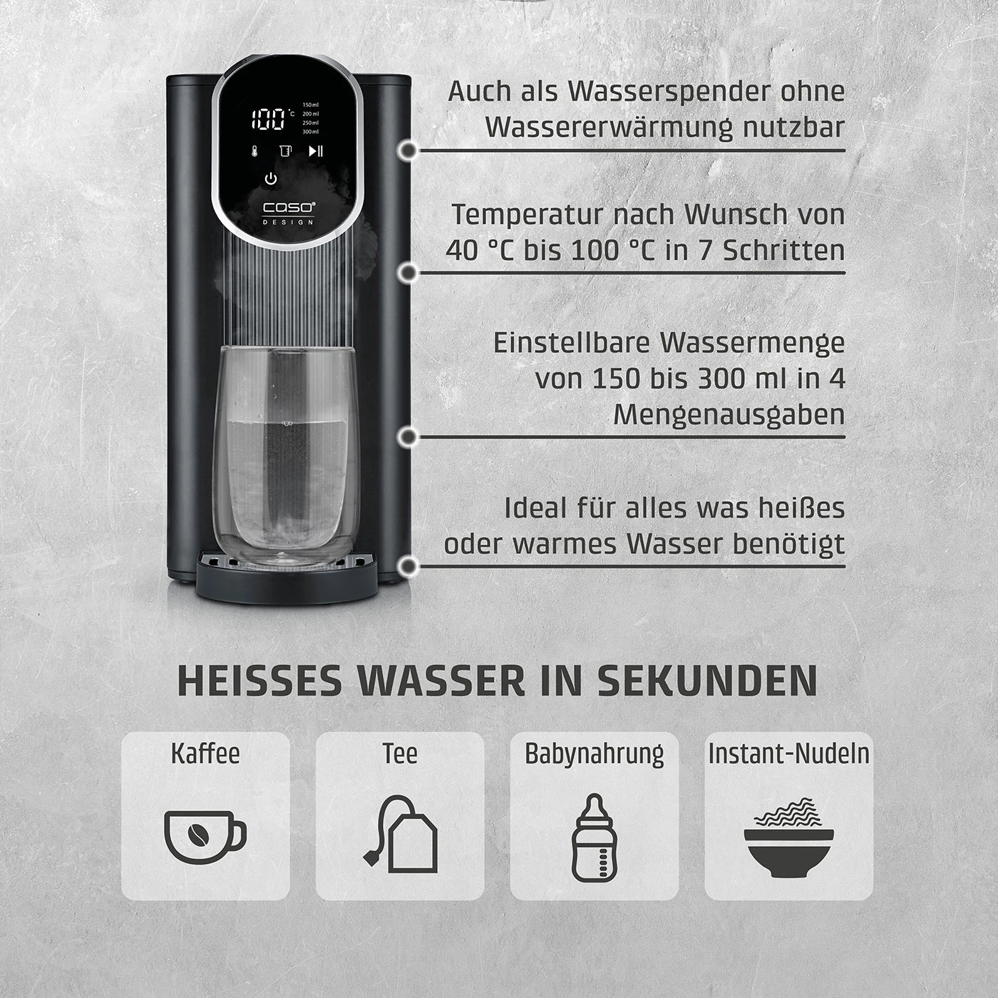 Distributeur d'eau chaude avec réglages de température et de volume d'eau.