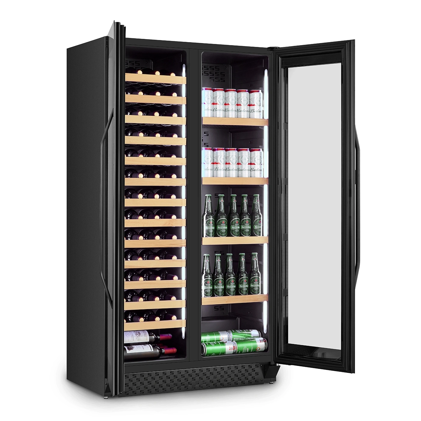 Weinkühler mit Wein, Bier und Getränken, offene Tür, schwarzer Kühlschrank