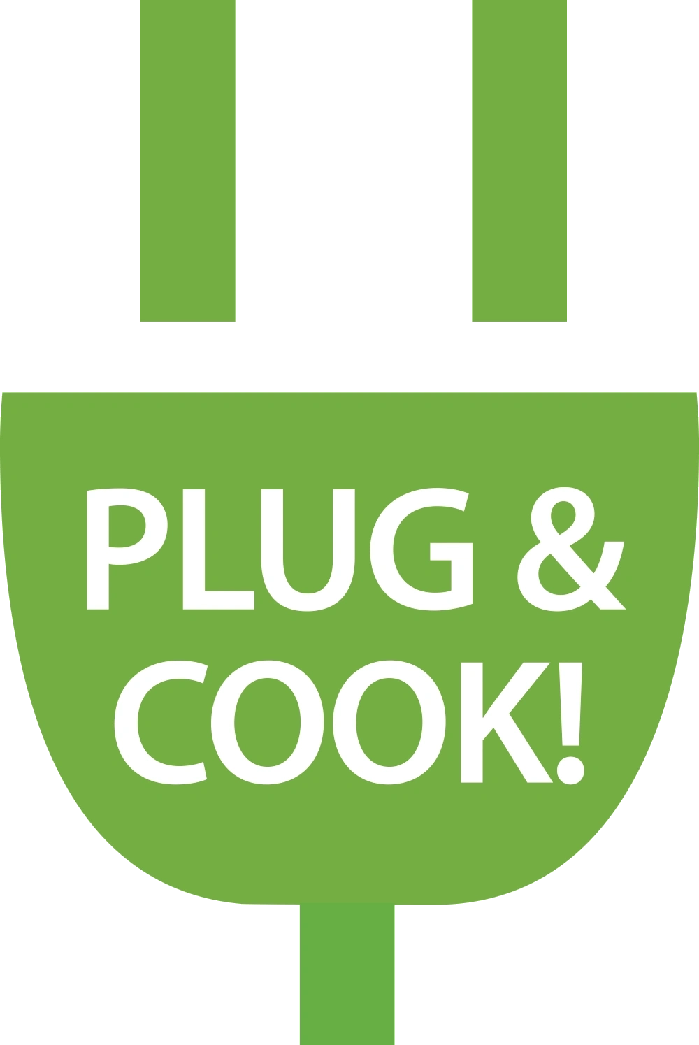 Prise verte avec le texte 'PLUG & COOK!'