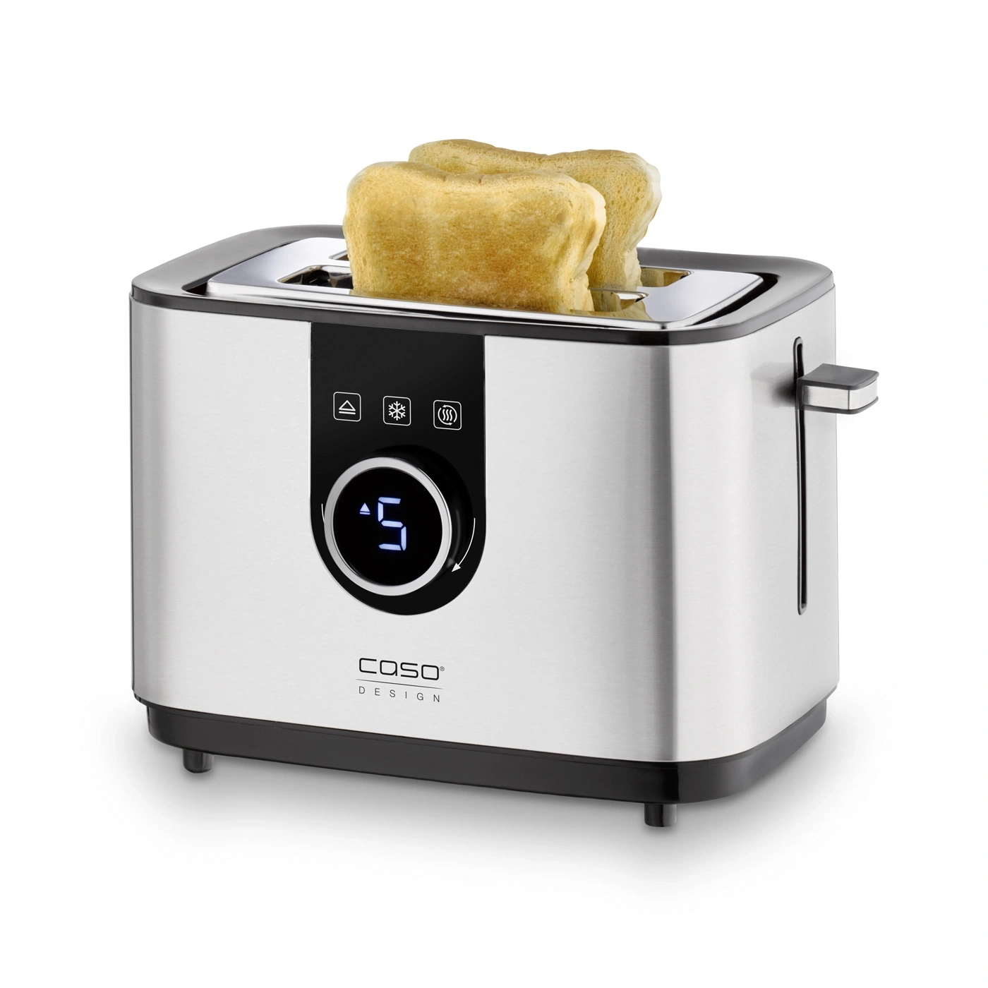 Stainless steel toaster with bread, digital display, Caso Design, kitchen appliance
