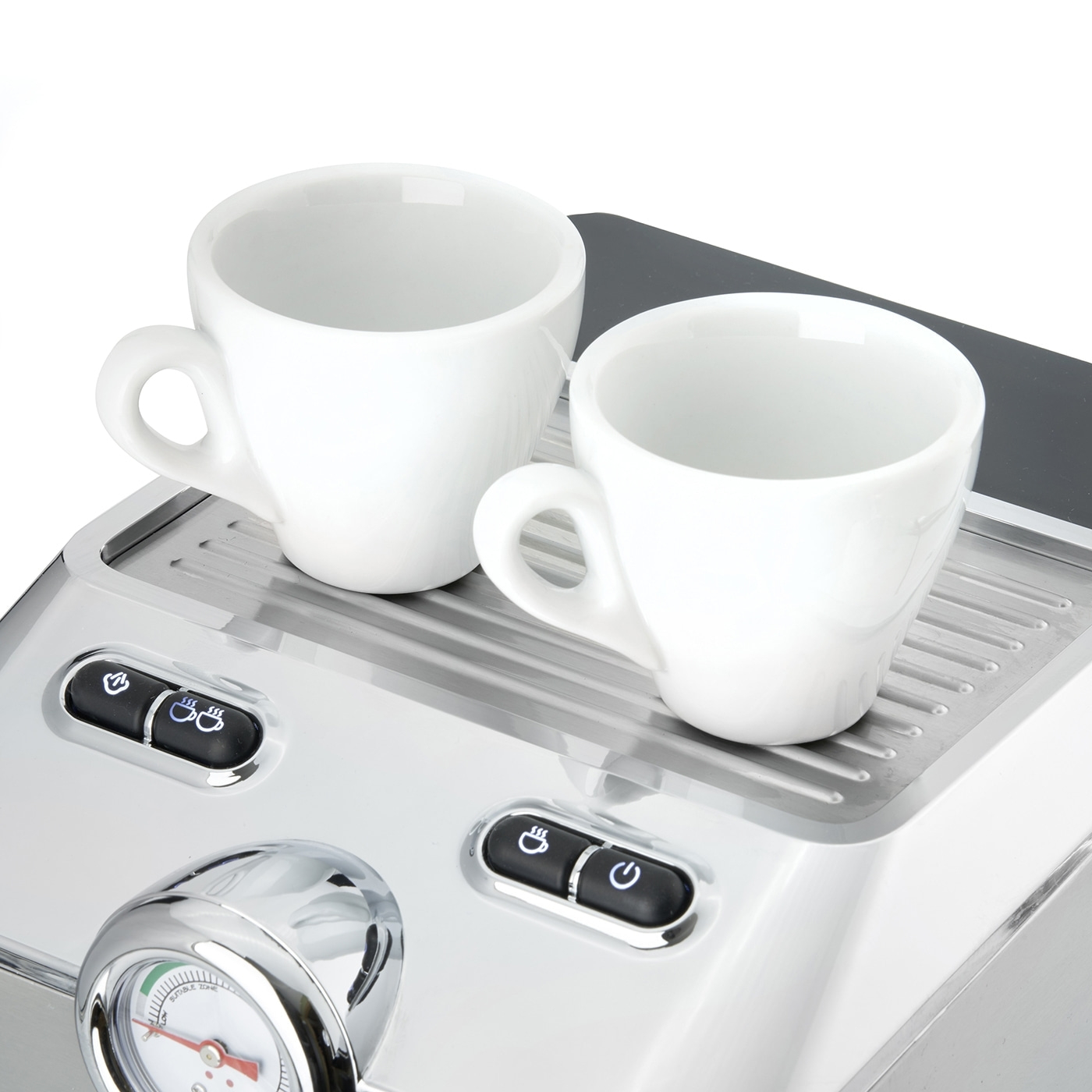 Two white cups on an espresso machine with buttons and a pressure gauge.