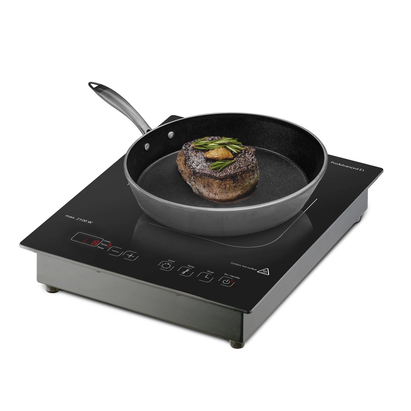 Plaque à induction avec steak dans la poêle, prêt à cuire, surface noire, ProAdvanced E1