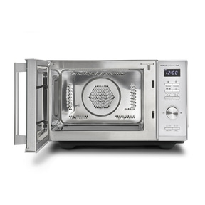 Microwave oven with open door, control panel, clock, cooking functions, stainless steel