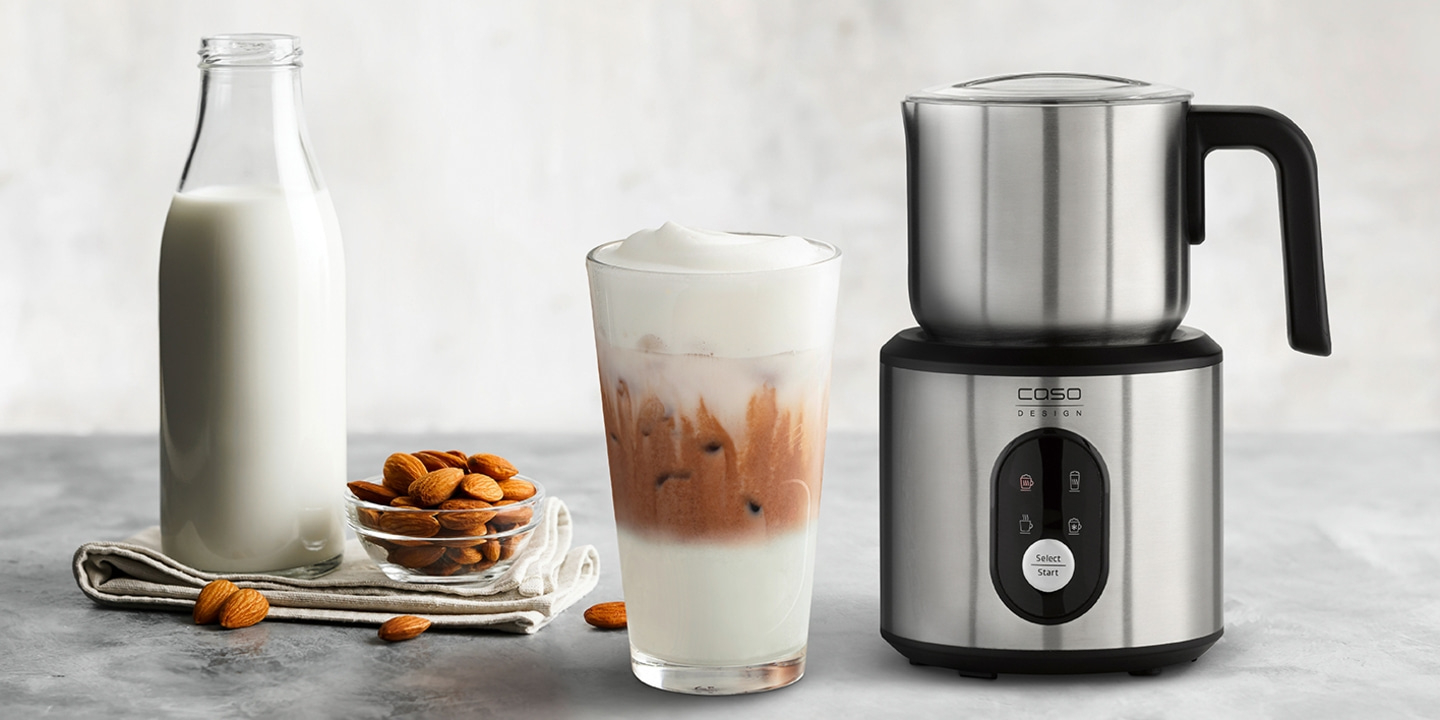Milk frother, drink, almonds, milk bottle, glass, foam, coffee, design, stainless steel
