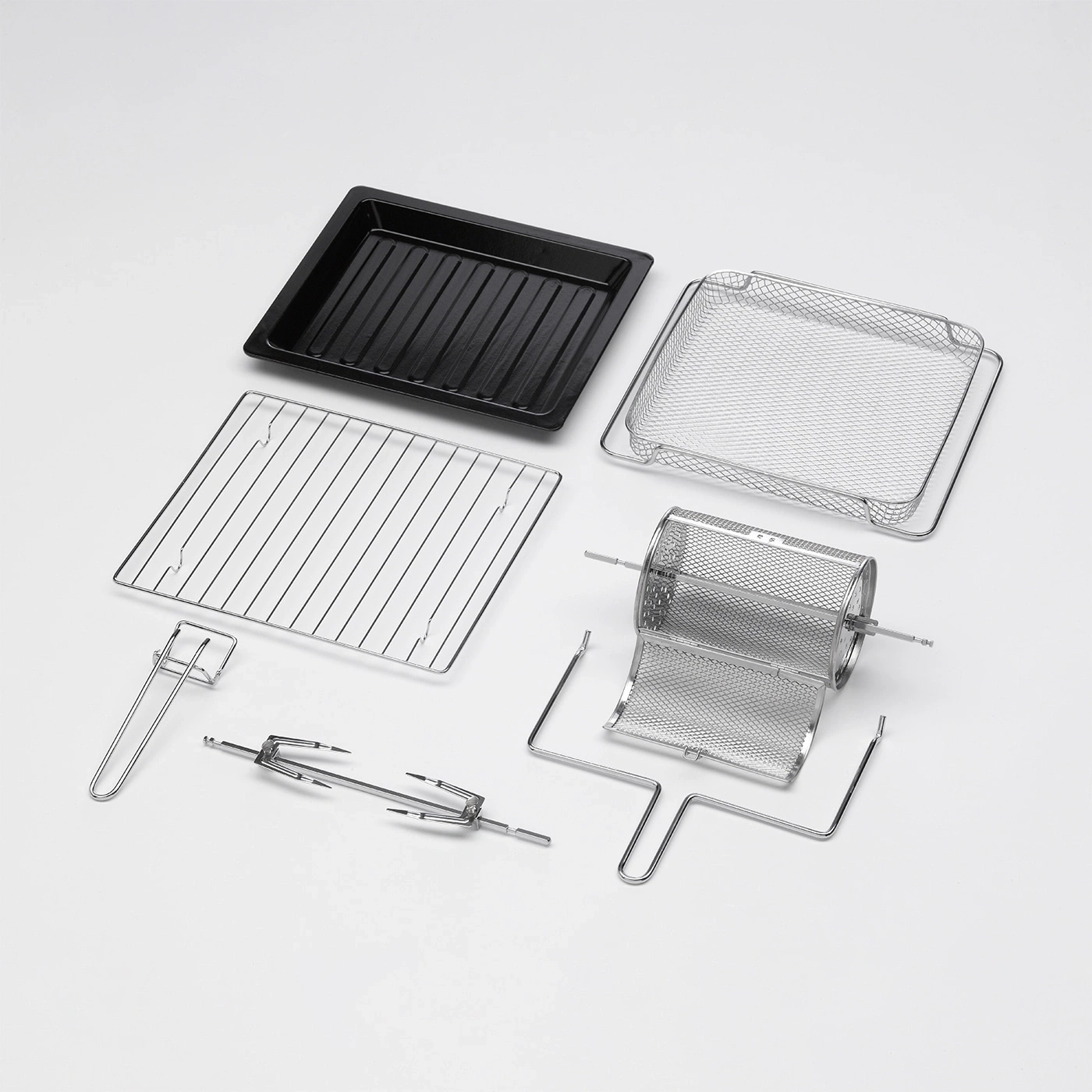 Oven accessories: baking tray, rack, fryer basket, rotating basket, skewer, and holder. Metal parts.