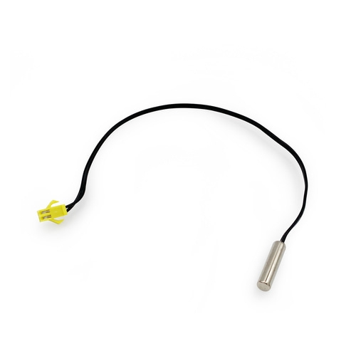 Temperatursensor mit gelbem Stecker und schwarzem Kabel auf weißem Hintergrund