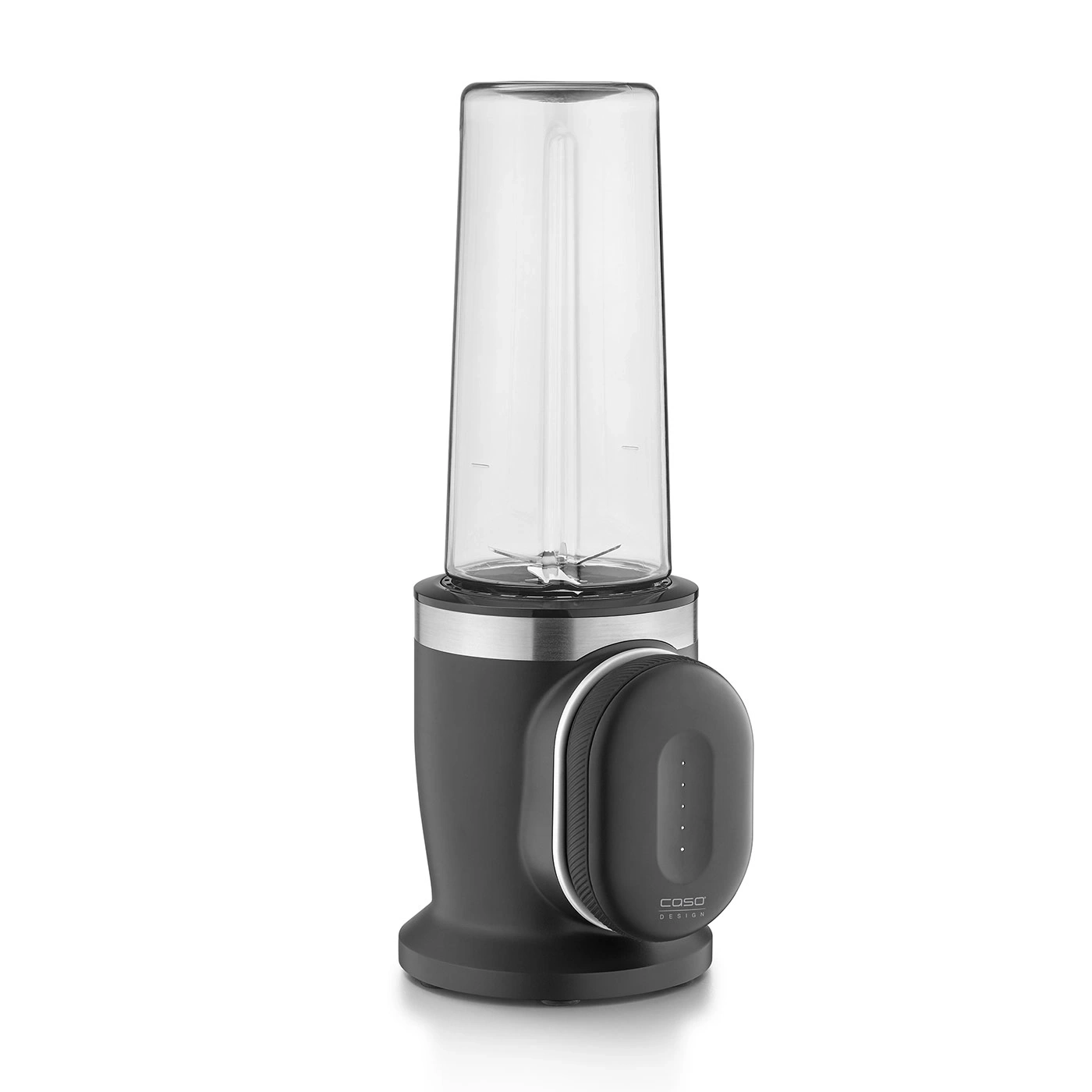 Schwarzer Mixer mit Glasbehälter und Bedienfeld für die Zubereitung von Smoothies.