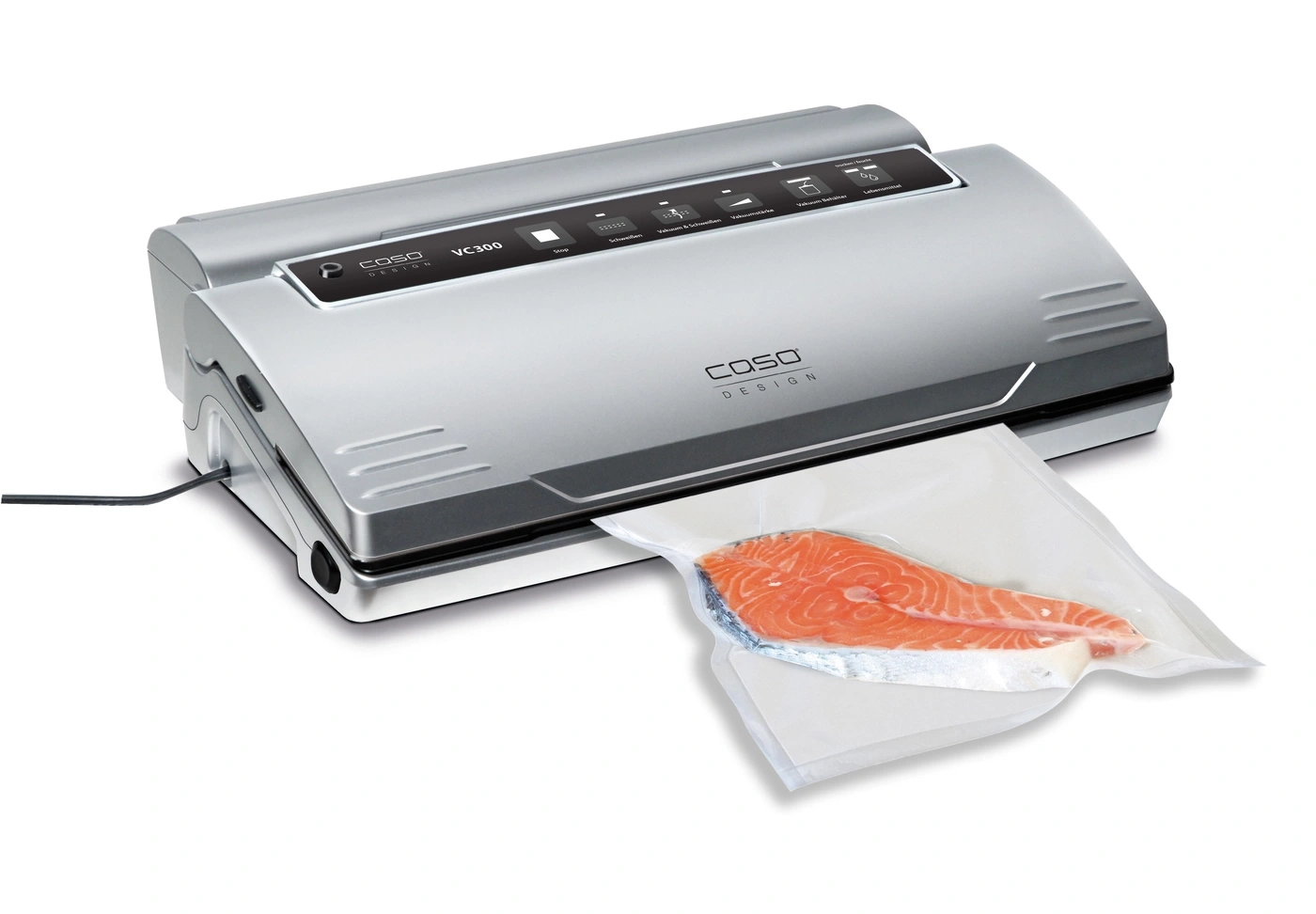 Caso VC300 vacuum sealer with salmon fillet in bag, silver, kitchen appliance