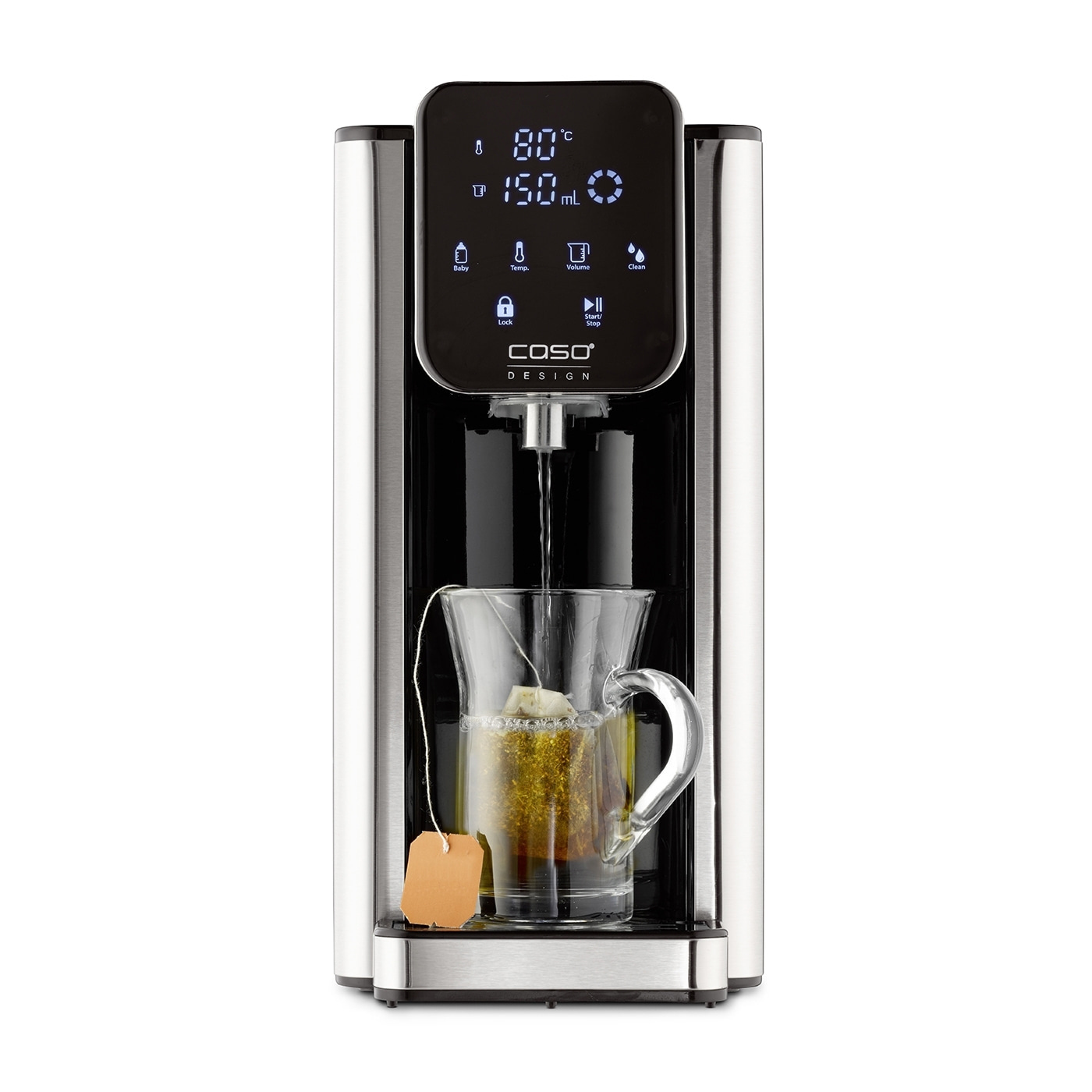 Tea machine with digital display, kettle, teacup, tea bag, temperature display, water