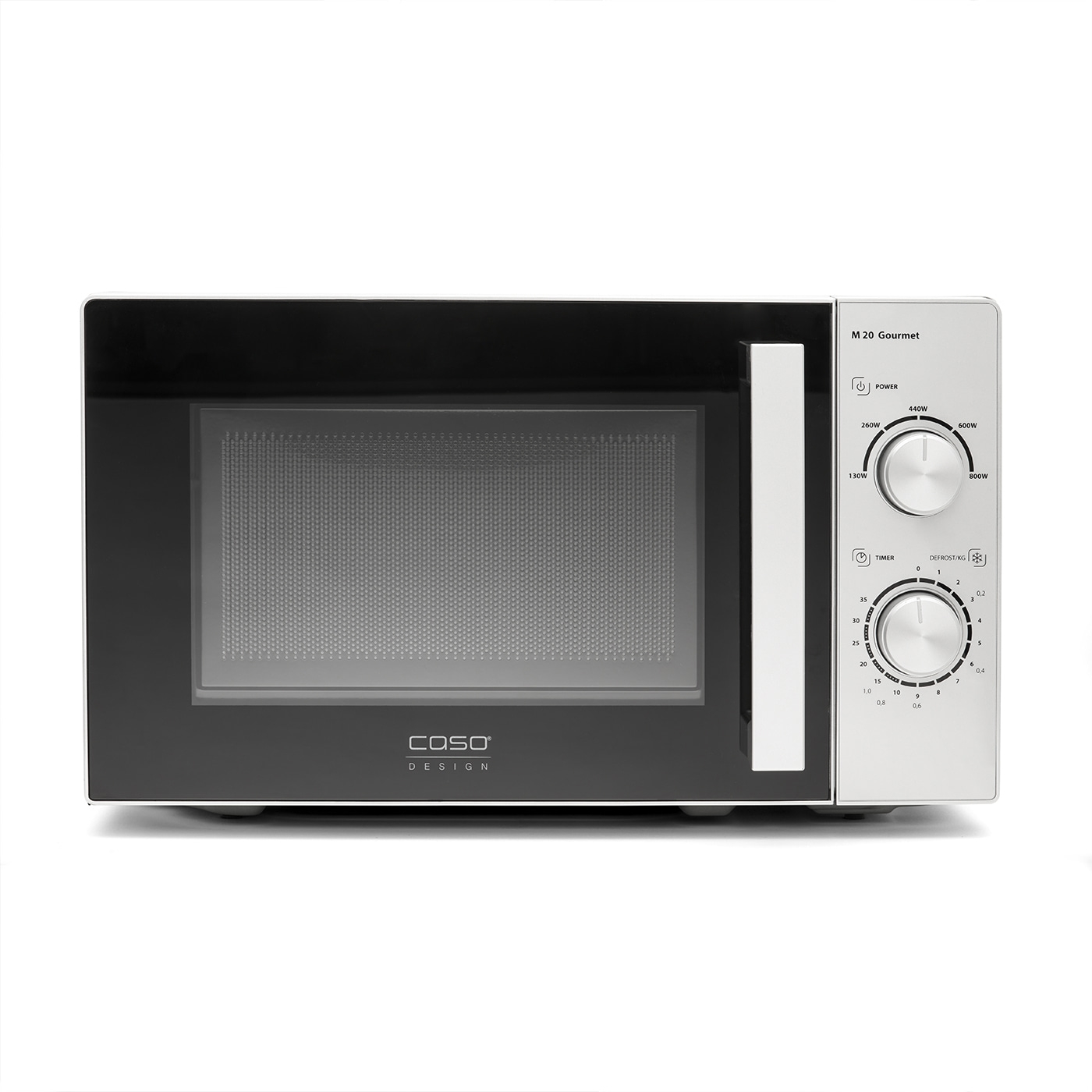 Caso M 20 Gourmet microwave, control panel, timer, power settings, design, kitchen appliance.