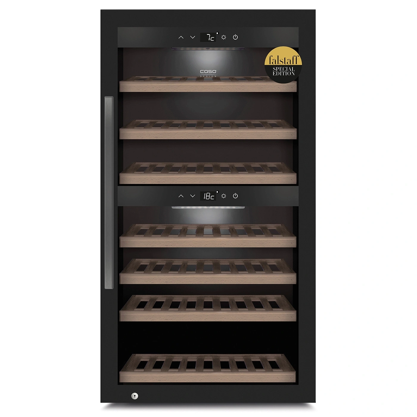 Weinkühlschrank mit Holzregalen und Temperaturanzeige, Falstaff Special Edition