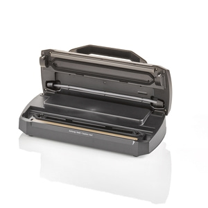 Vacuum sealer, open, black, with handle, isolated on white background, close-up detail