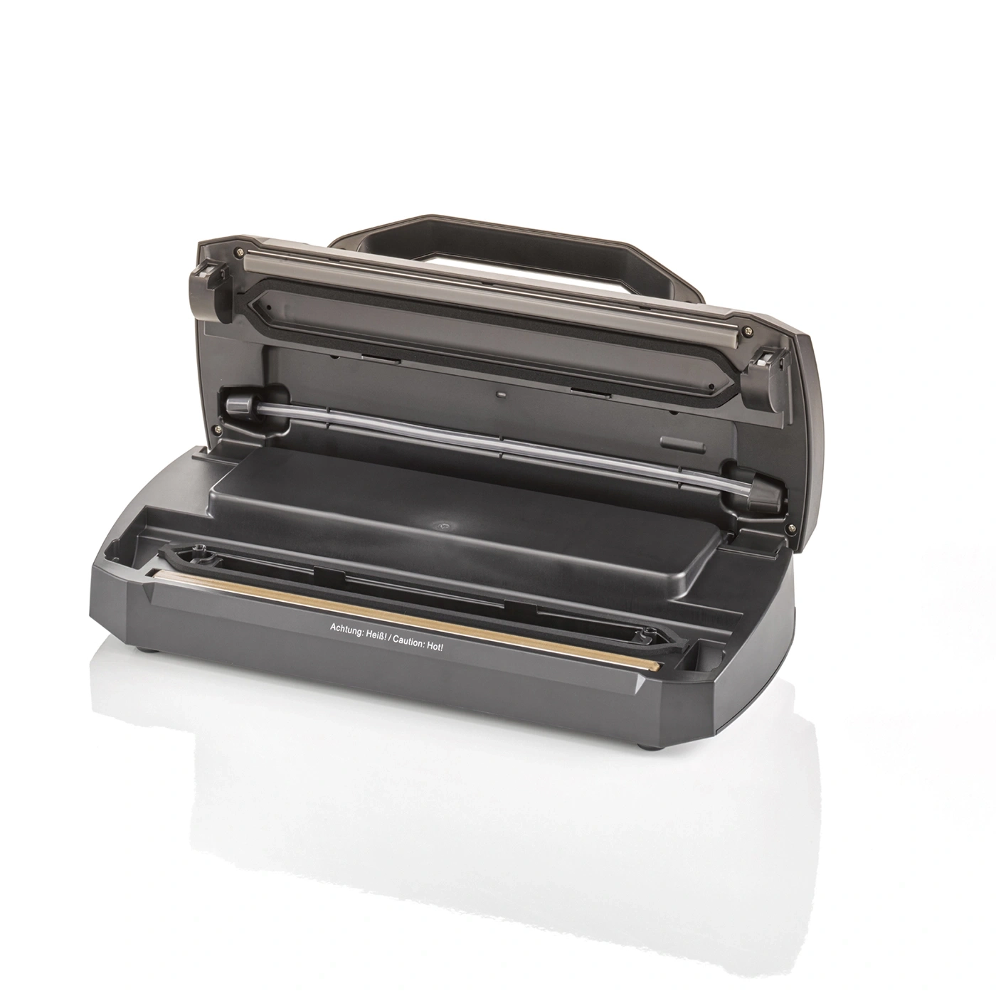Vacuum sealer, open, black, with handle, isolated on white background, close-up detail