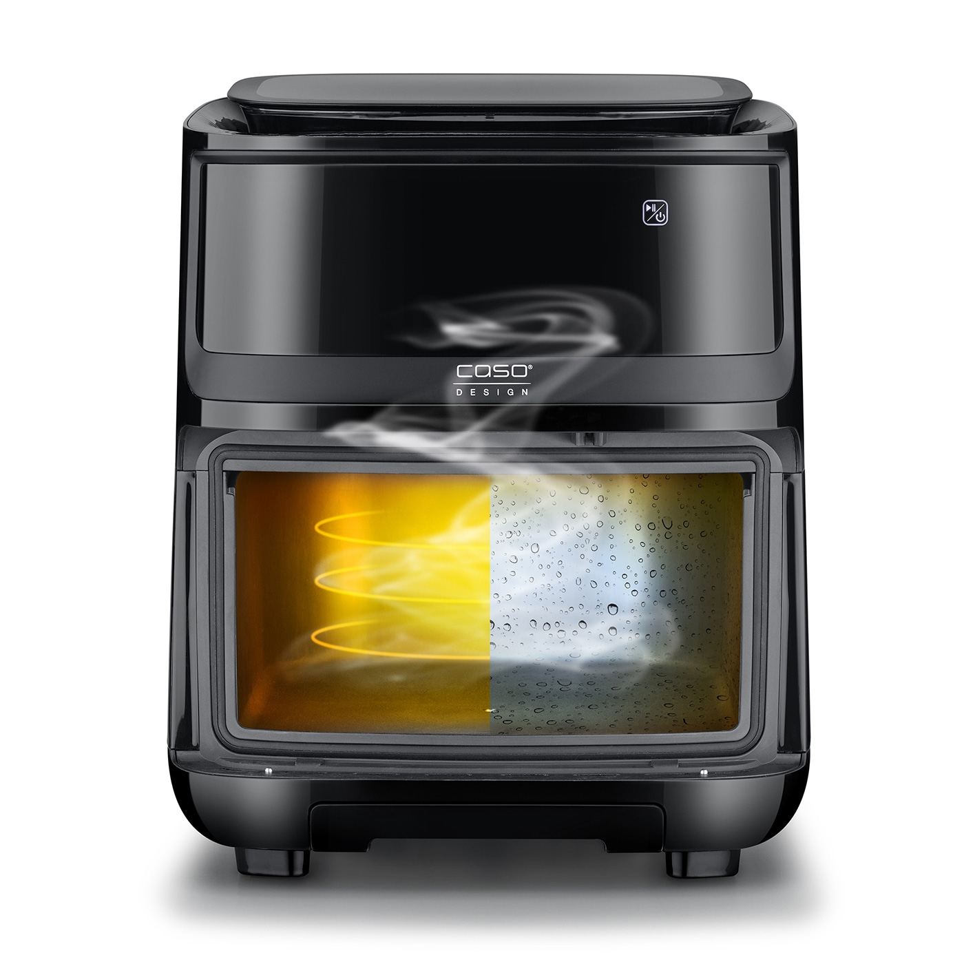 Black oven with yellow light and water drops, Caso Design appliance.