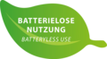 Feuille verte avec texte: Batterielose Nutzung, Batteryless Use, design écologique