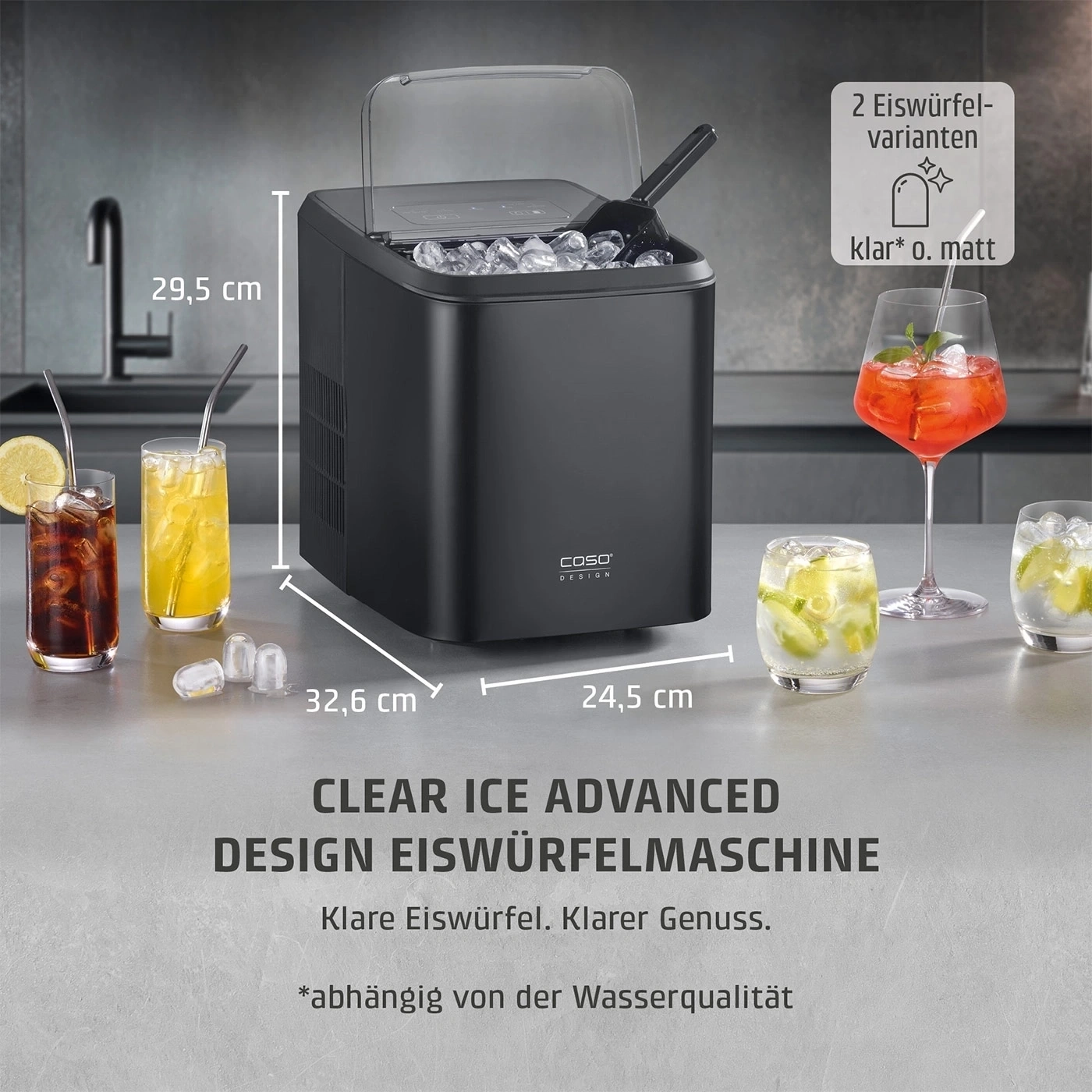 Eiswürfelmaschine mit Gläsern und Maßen