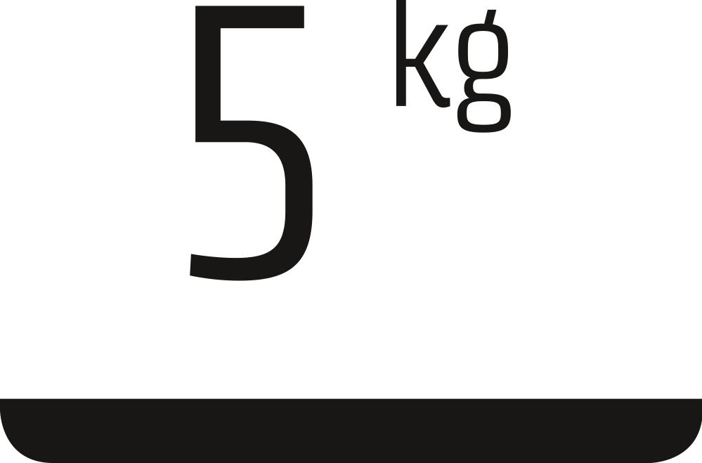 Das Bild zeigt die Zahl 5 mit der Einheit kg, was ein Gewicht von 5 Kilogramm angibt.