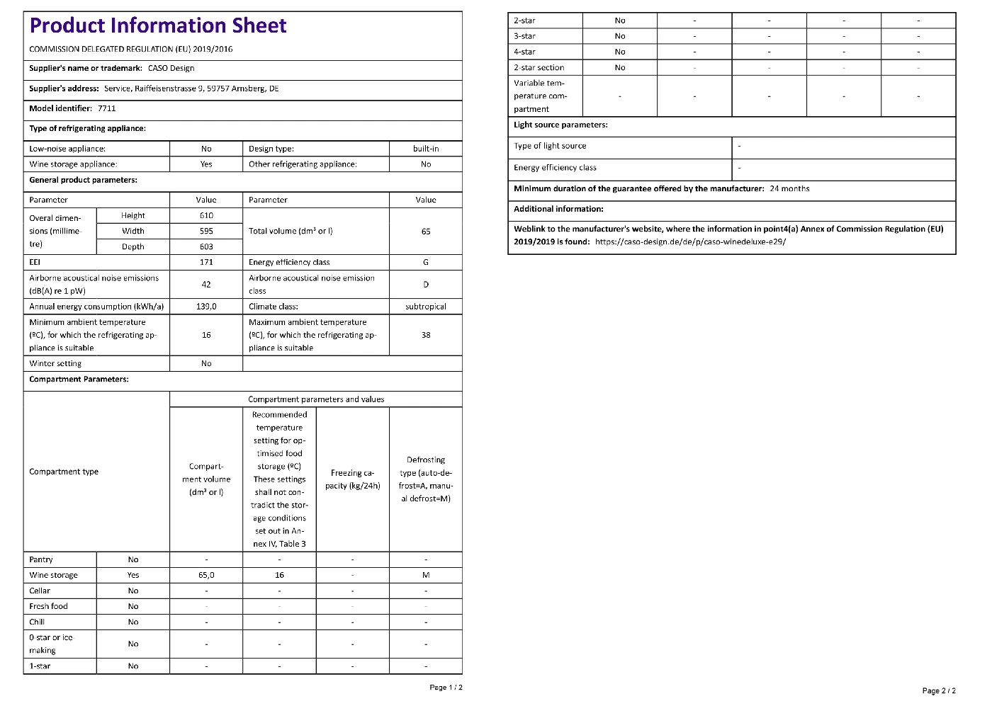 Product data sheet refrigerator: wine storage, energy efficiency, parameters, compartment, guarantee.