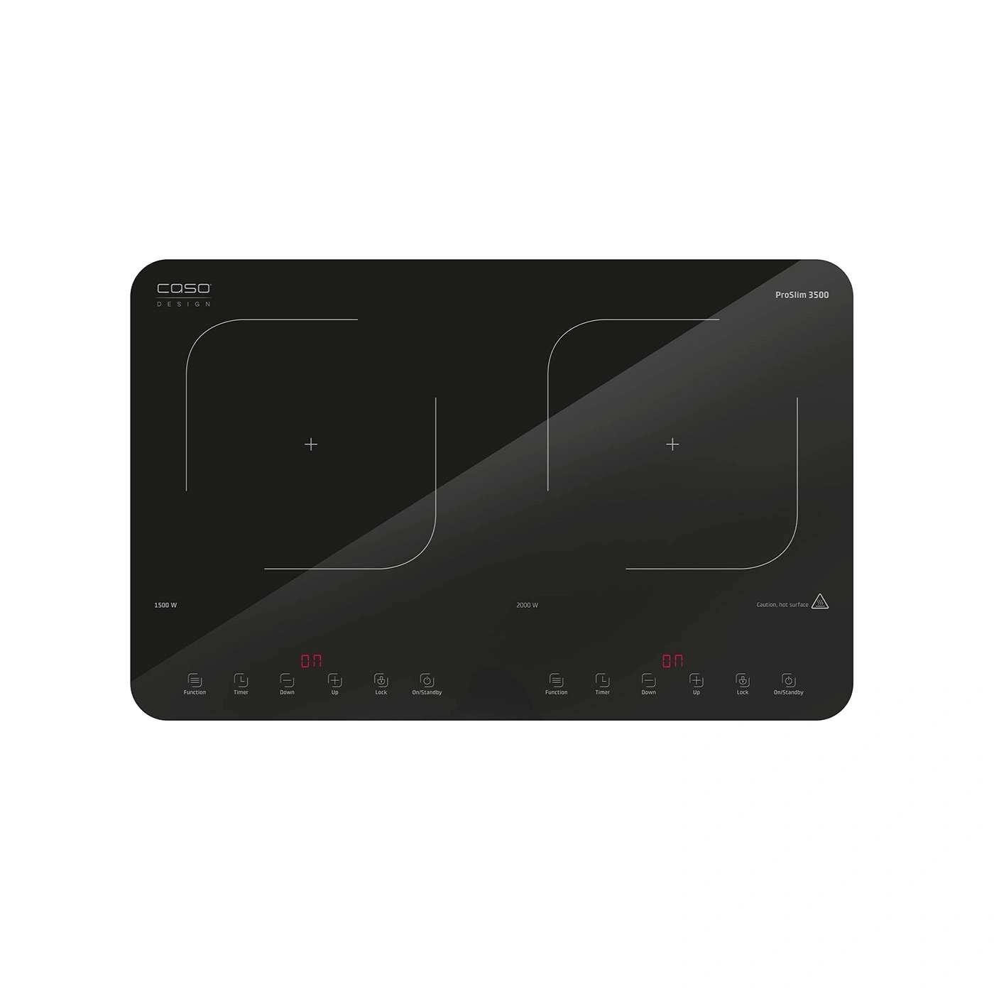 Une table de cuisson à induction noire avec deux zones de cuisson et panneau de commande.