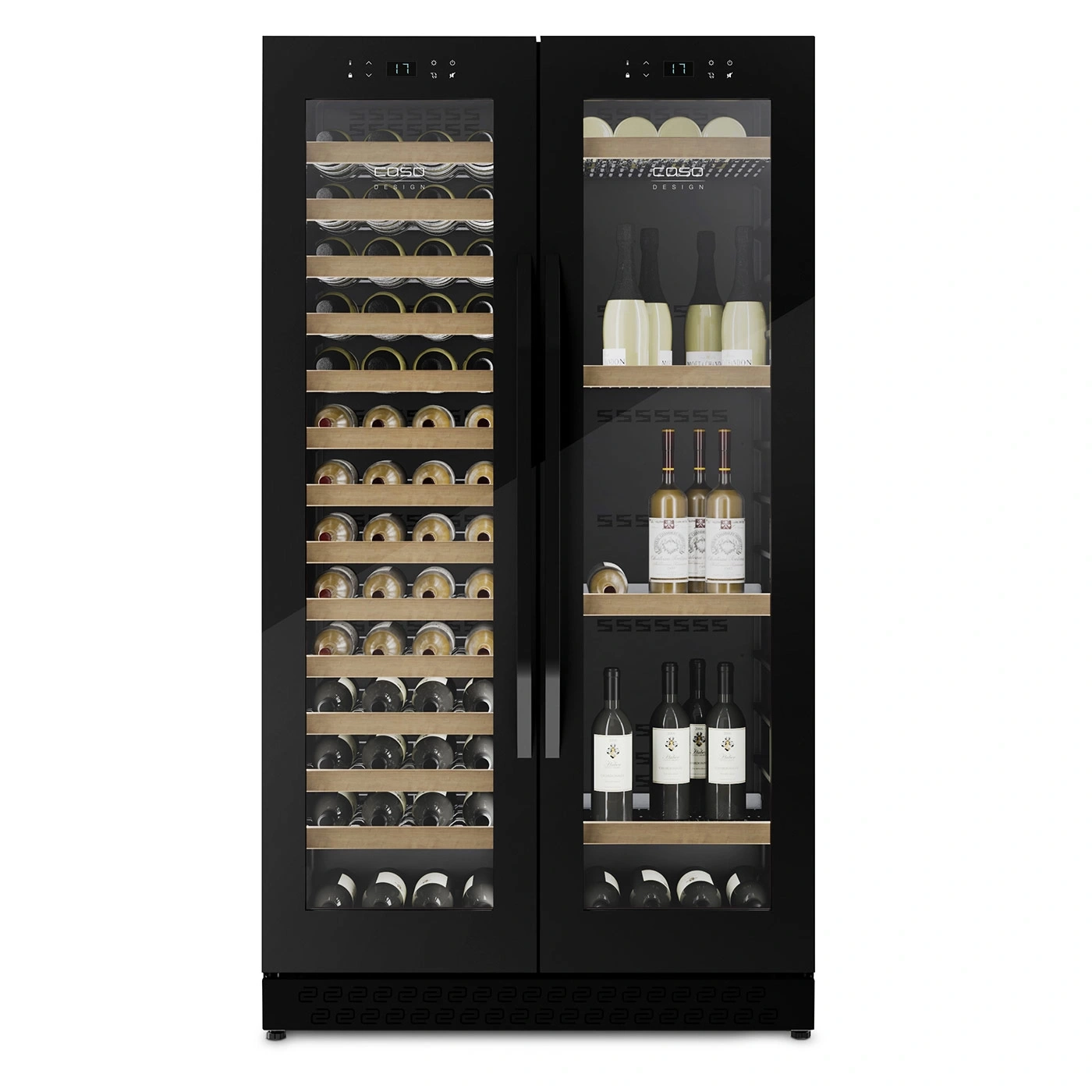 Schwarzer Weinkühlschrank mit Glasfront und vielen Weinflaschen.