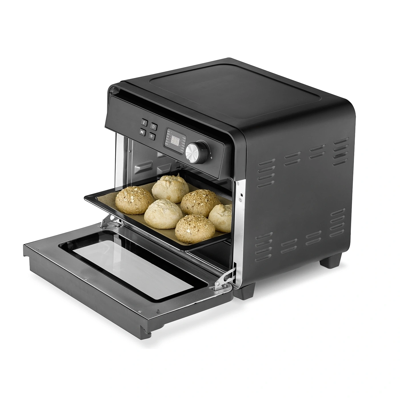 Schwarzer Ofen mit Brot, offener Tür, Backblech, Knöpfen und digitaler Anzeige.