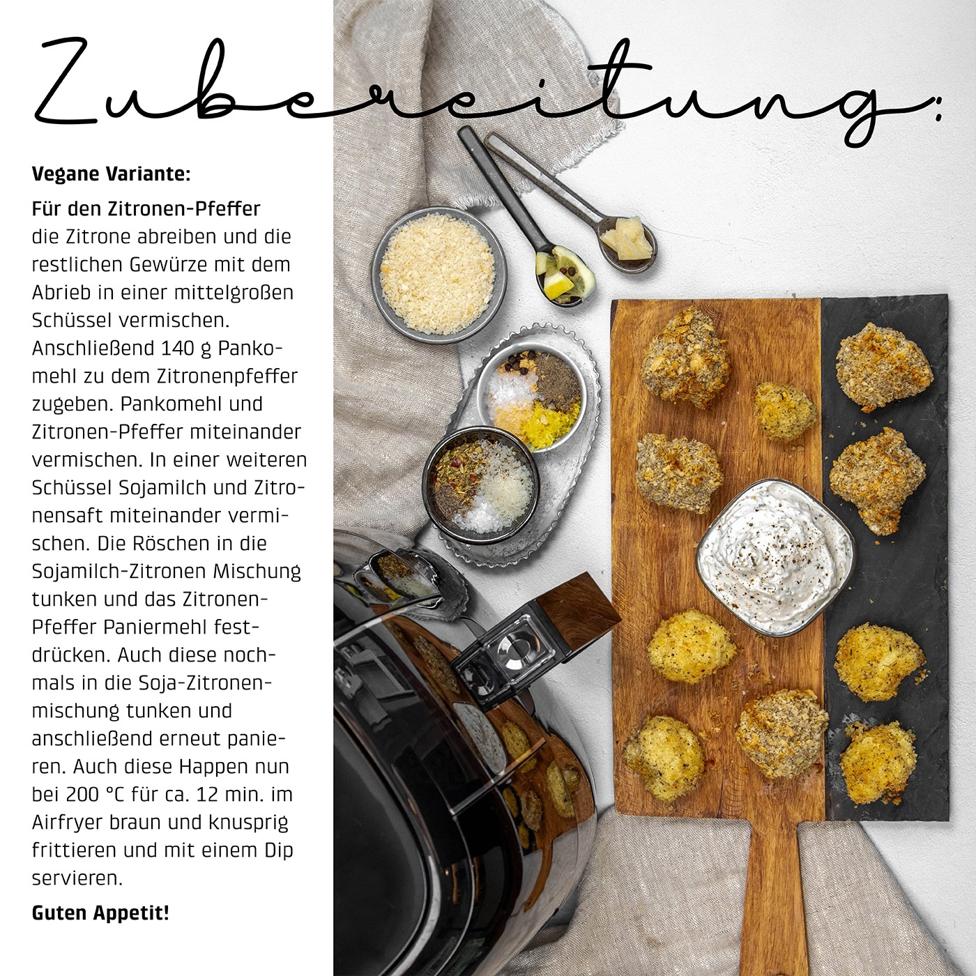 Vegane Zitronen-Pfeffer-Häppchen im Airfryer zubereitet mit Dip