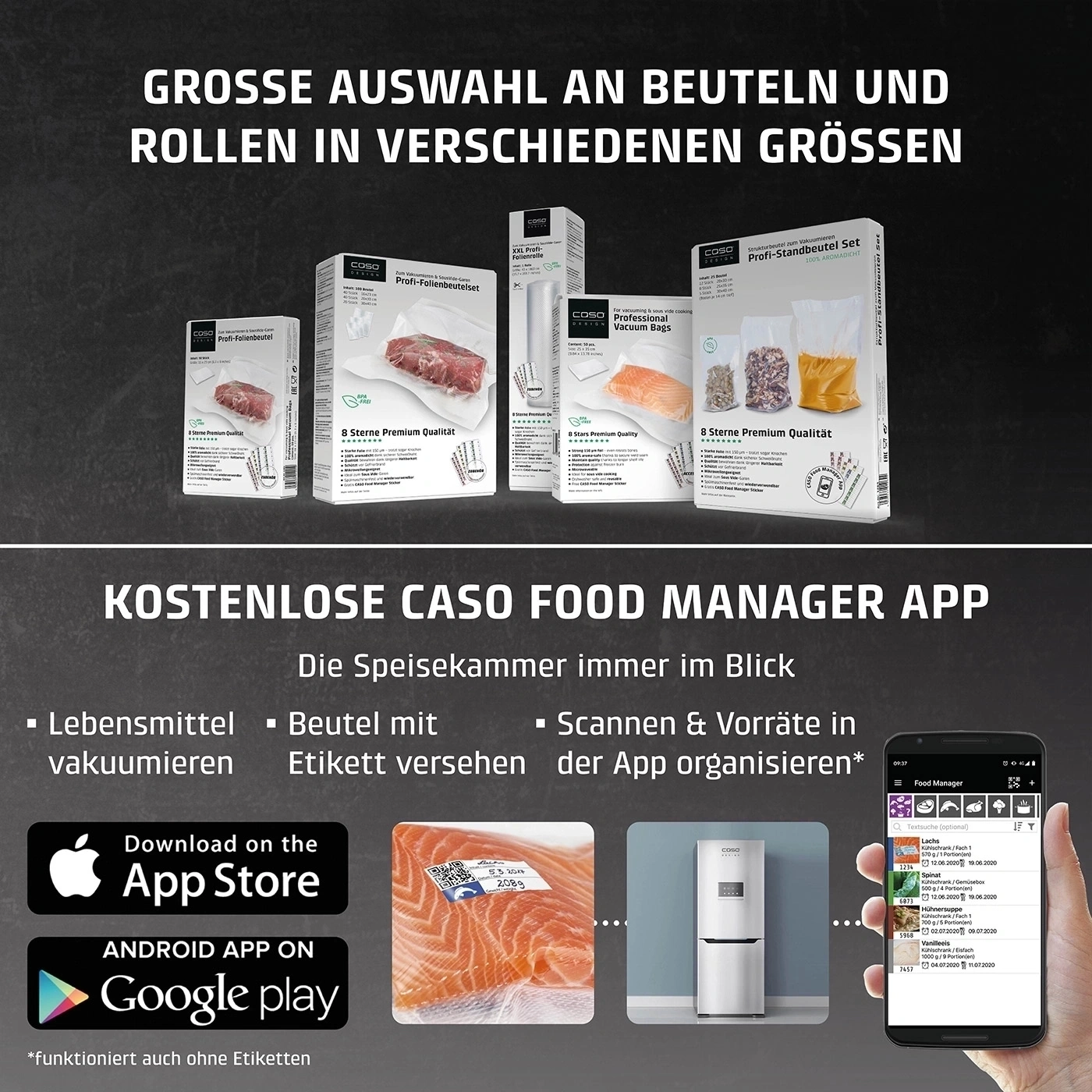 ROULEAUX ET SACHETS DE VIDE CASO EN DIFFÉRENTES TAILLES ET L'APPLICATION FOOD MANAGER