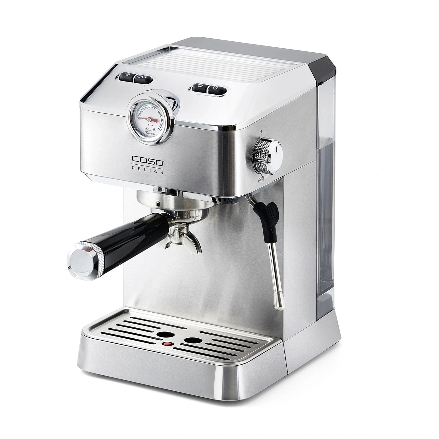 Espressomaschine aus Edelstahl, mit Manometer und Dampfdüse, Caso Design.