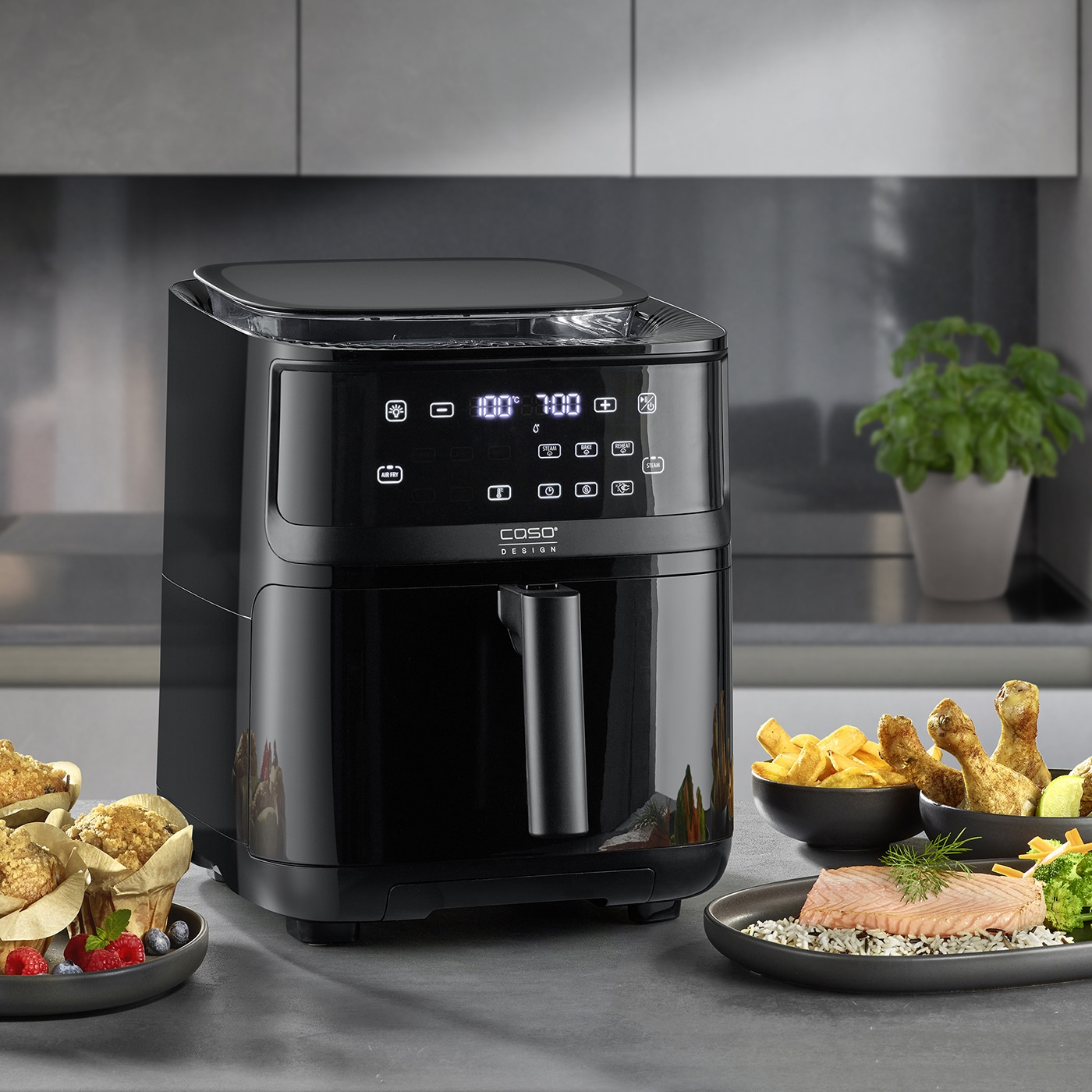 Black air fryer with food, kitchen, cooking, meal, appliance, design, Caso